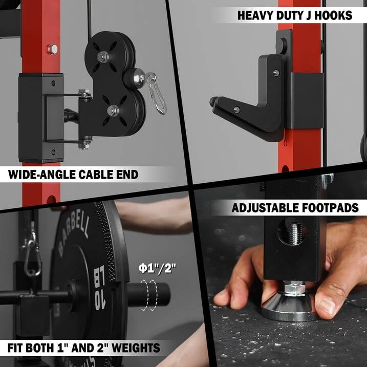 HEAVY DUTY J HOOKS, WIDE-ANGLE CABLE END, ADJUSTABLE FOOTPADS, FIT BOTH 1" AND 2" WEIGHTS