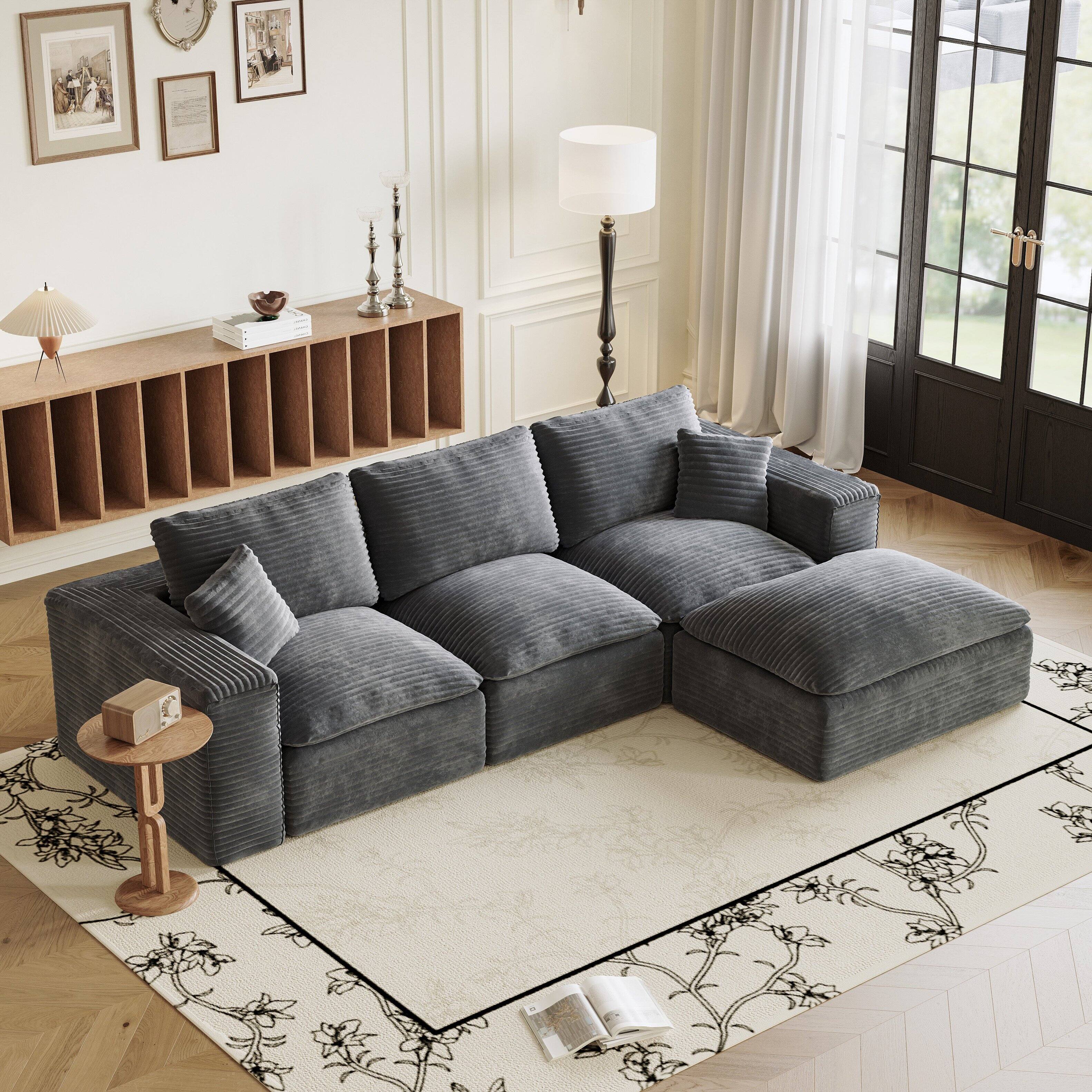 Alt View 2. Boyel Living - 108 Inch Modular Cloud Sectional Sofa Interchangeable L Shape Chaise Plush Corduroy Deep Seat No Assembly Grey - Grey.