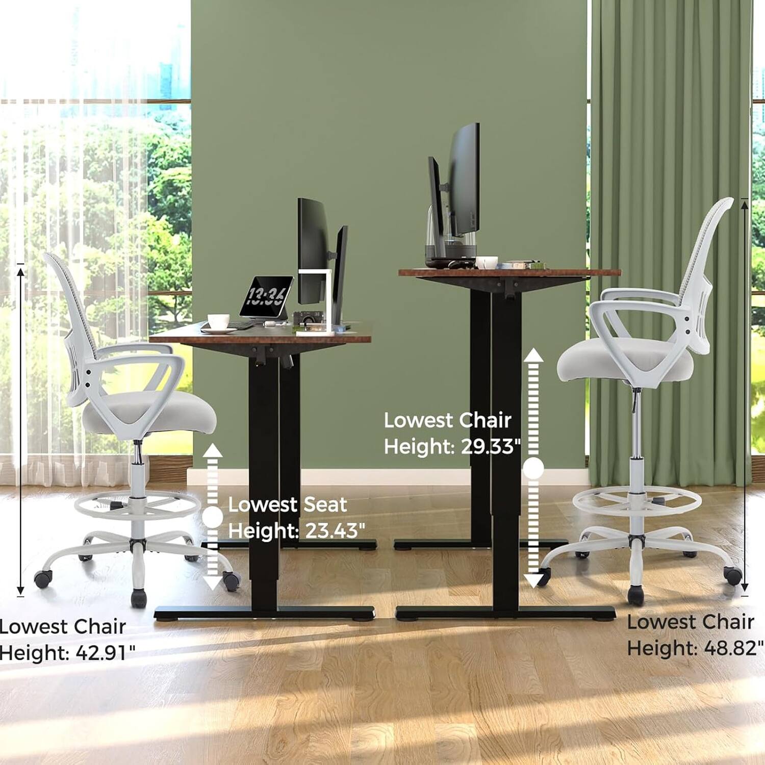 12.26  
Lowest Chair Height: 29.33"  
Lowest Seat Height: 23.43"  
Lowest Chair Height: 42.91"  
Lowest Chair Height: 48.82"