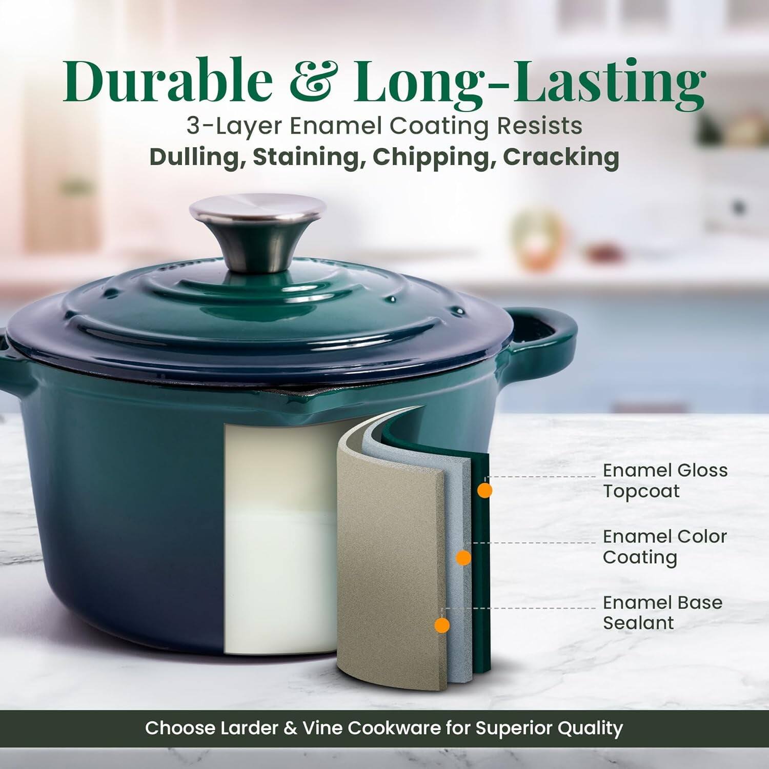 Durable & Long-Lasting  
3-Layer Enamel Coating Resists Dulling, Staining, Chipping, Cracking  
Enamel Gloss Topcoat  
Enamel Color Coating  
Enamel Base Sealant  

Choose Larder & Vine Cookware for Superior Quality