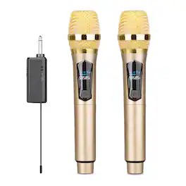 Cluzine - UHF Wireless Handheld Microphone System, 2 Gold Mics, Type-C Rechargeable, for Karaoke & Stage