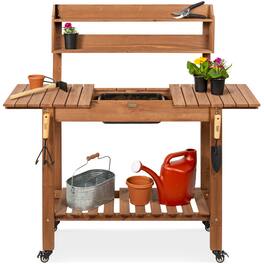 Best Choice Products - Wood Garden Potting Bench Workstation Table w/ Sliding Tabletop, 4 Locking Wheels, Dry Sink - Brown