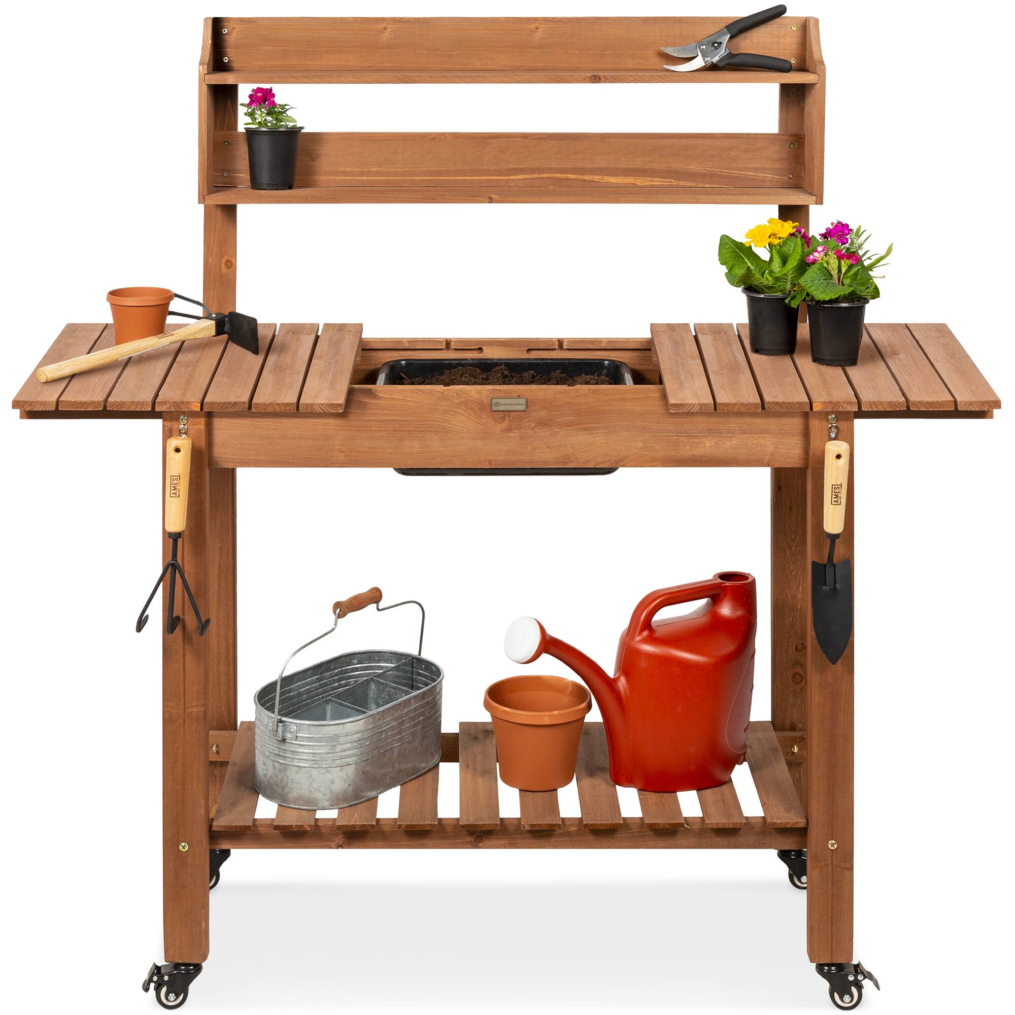 Best Choice Products - Wood Garden Potting Bench Workstation Table w/ Sliding Tabletop, 4 Locking Wheels, Dry Sink - Brown