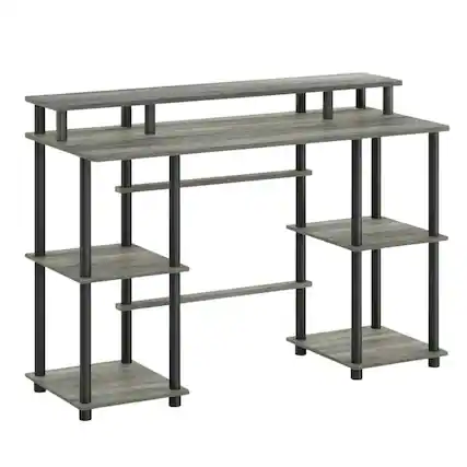 Front. BisonOffice - Grey Computer Desk With Top Shelf And Sleek Modern Design For Home Office Use - French Oak Grey/Black.