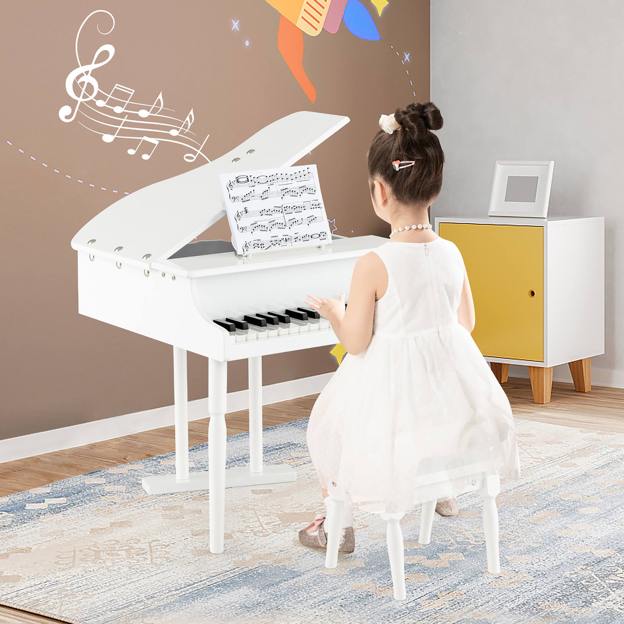 Alt View 11. Costway - 30 Key Classical Kids Piano Wooden Musical Instrument Toy with Stand & Stool - White.