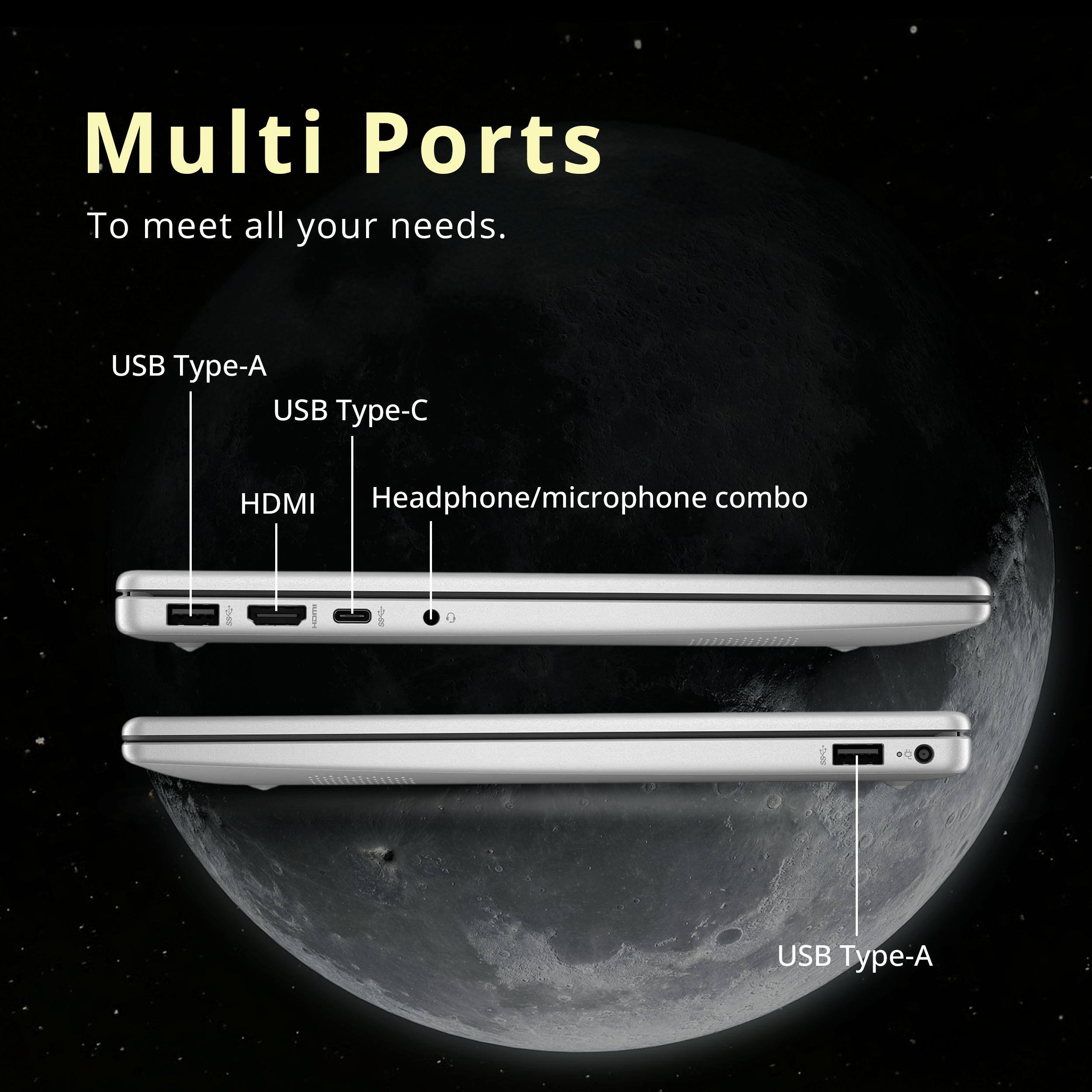 Multi Ports  
To meet all your needs.  

- USB Type-A  
- USB Type-C  
- HDMI  
- Headphone/microphone combo  
- USB Type-A
