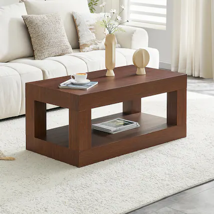 Front. Loheer - Loheer- Modern Two Tier Coffee Table with Open Storage 3.29x1.8x1.5 ft Rectangular Center Table for Living Room - Walnut.