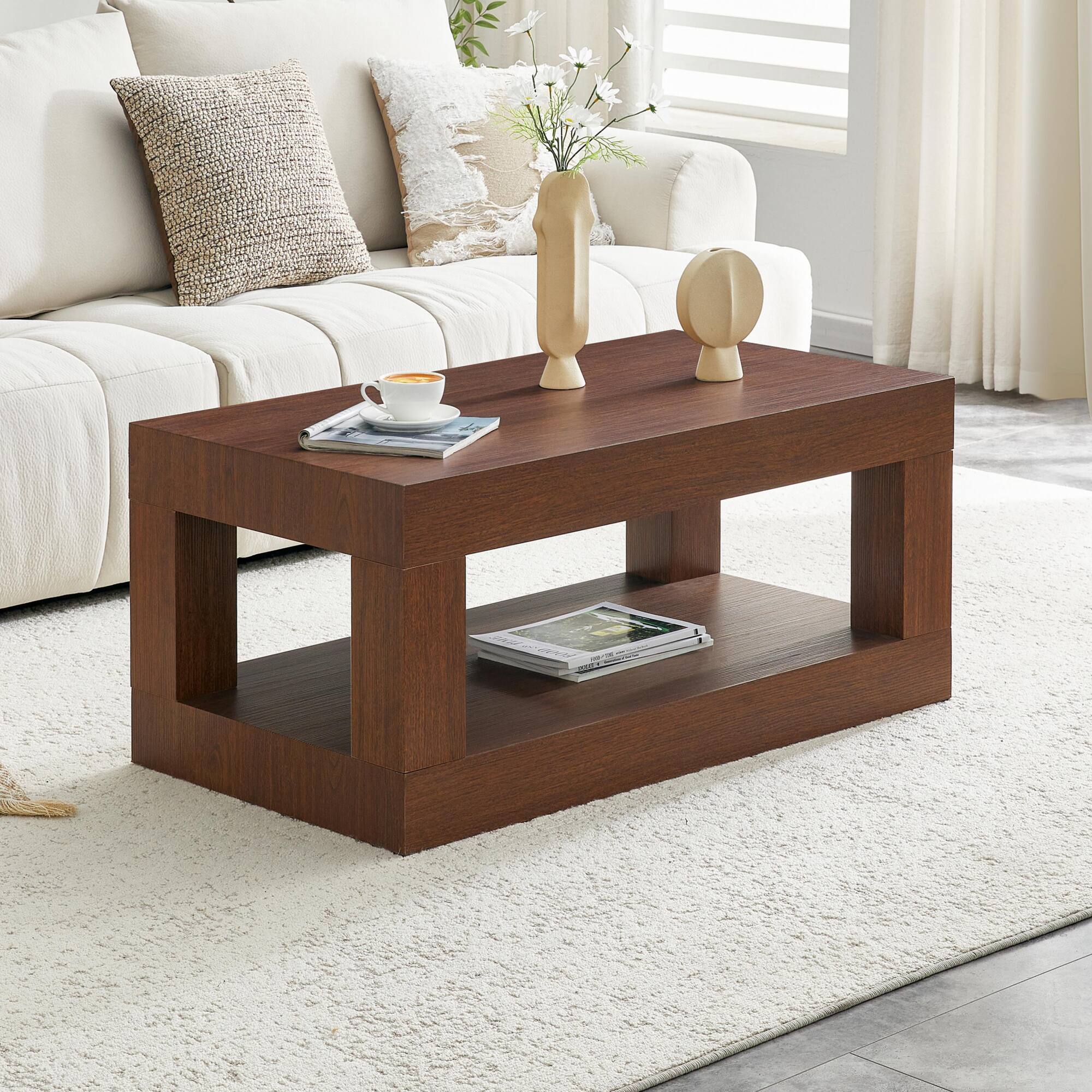 Front. Loheer - Loheer- Modern Two Tier Coffee Table with Open Storage 3.29x1.8x1.5 ft Rectangular Center Table for Living Room - Walnut.
