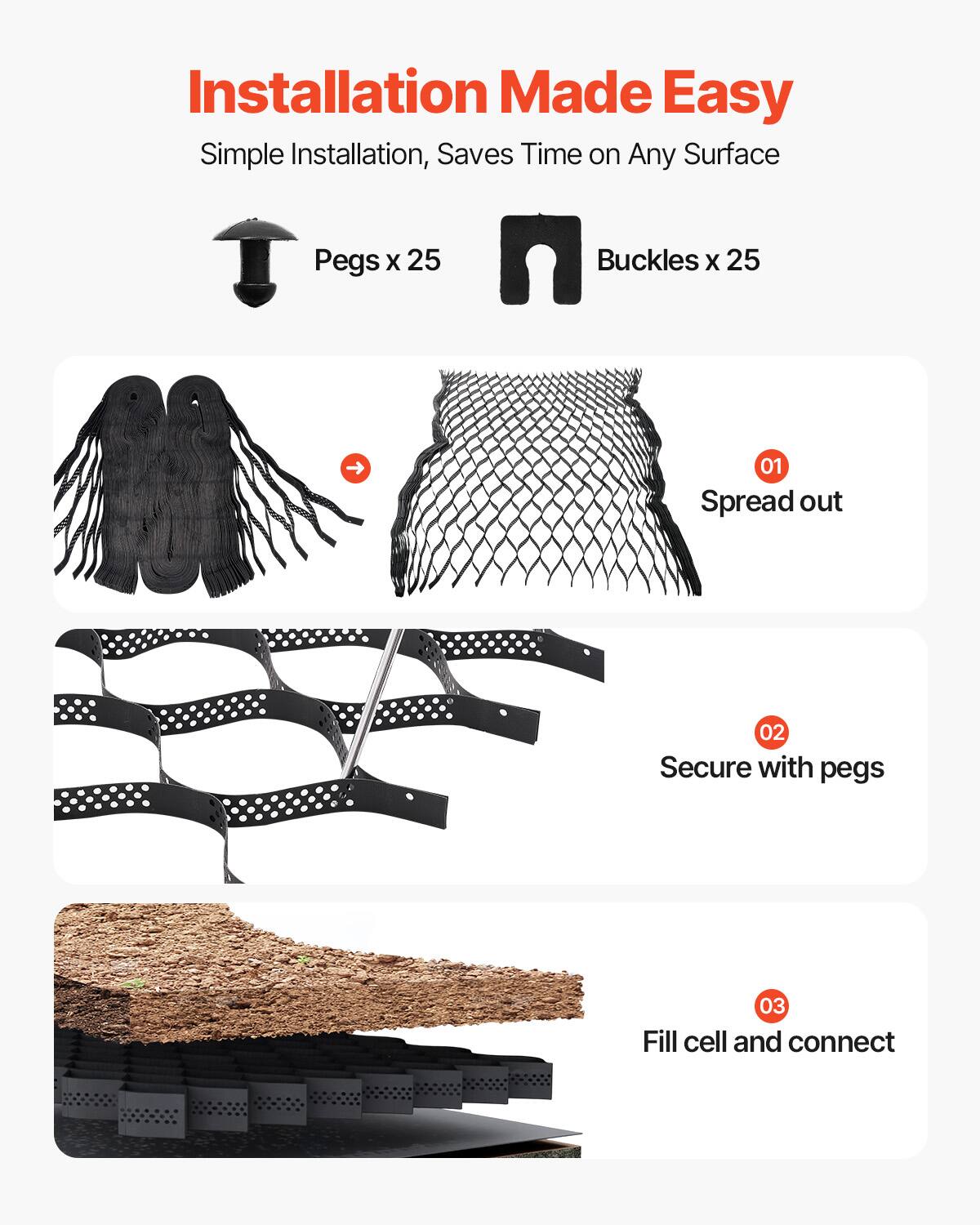 Installation Made Easy
Simple Installation, Saves Time on Any Surface
Pegs x 25
Buckles x 25
01 Spread out
02 Secure with pegs
03 Fill cell and connect