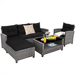 Gymax - Set of 4 Rattan Furniture Set Sofa Ottoman Cushion Garden Deck Patio - Black