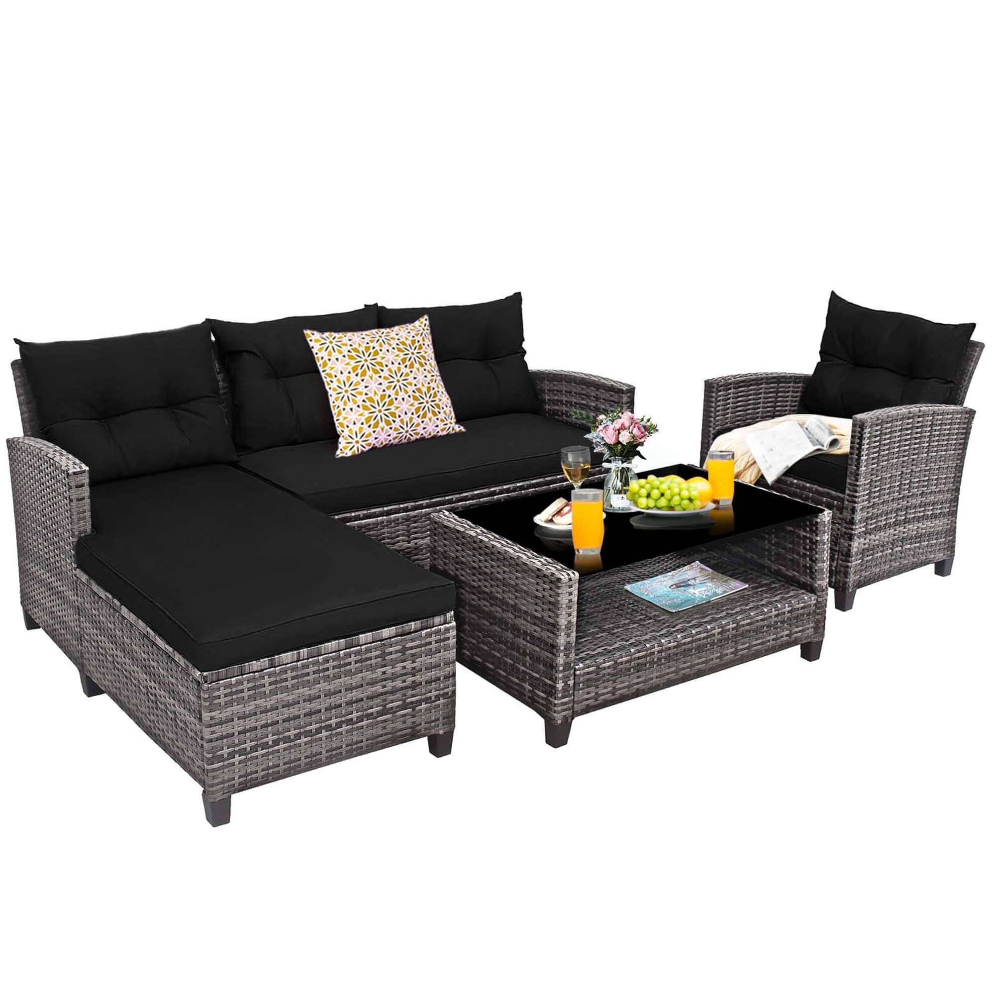 Front. Gymax - Gymax Set of 4 Rattan Furniture Set Sofa Ottoman Cushion Garden Deck Patio Black - Black.