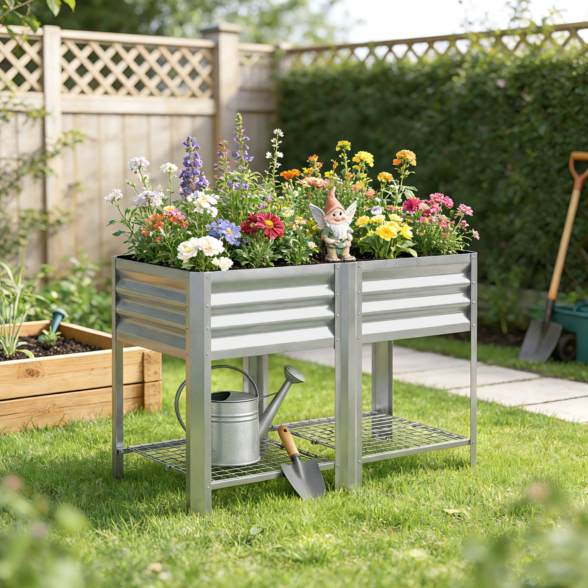 Alt View 8. Outsunny - Garden Bed Galvanized Steel, Elevated Planter Box with Storage Shelf, Bed Liner - Silver.