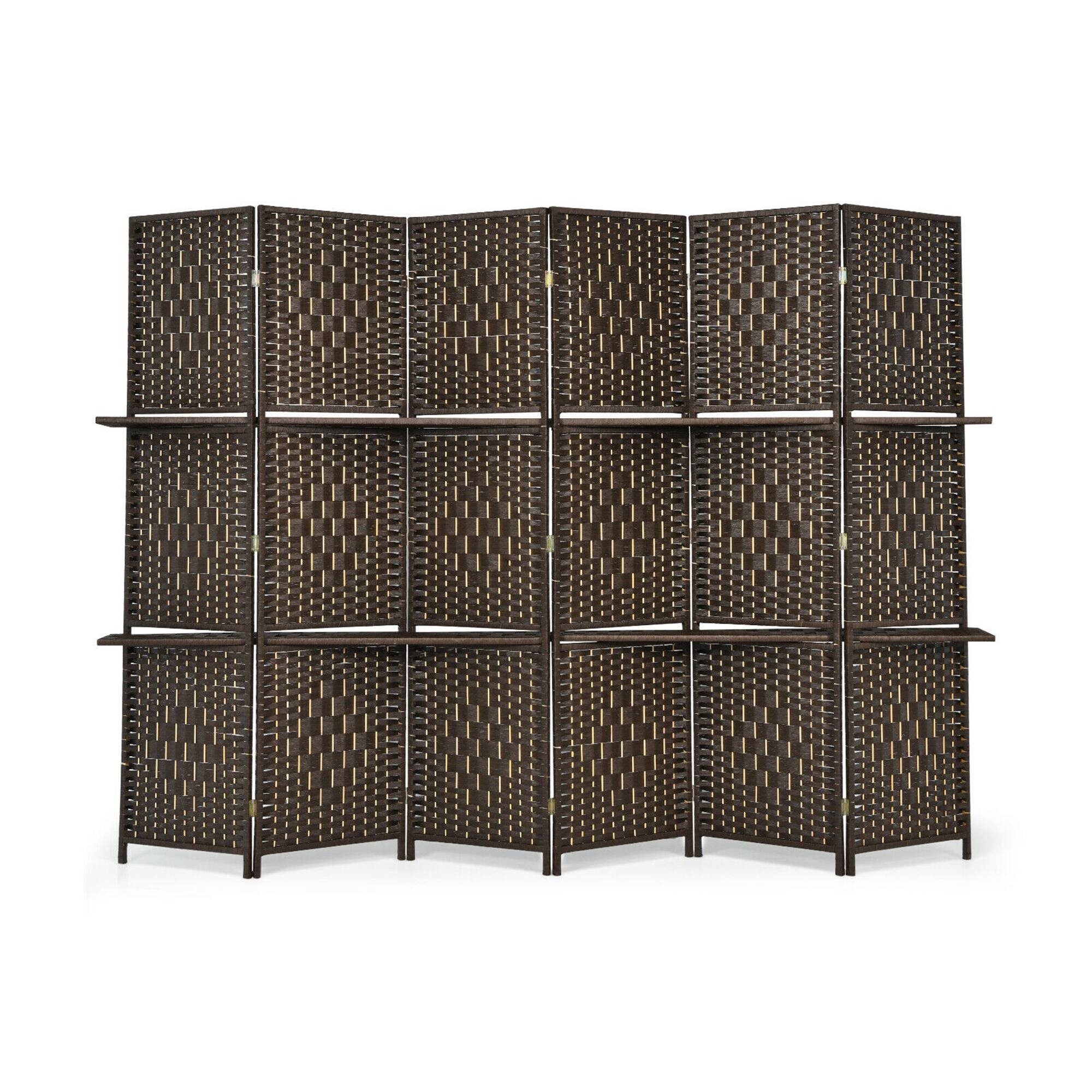 Alt View 9. Costway - Costway 6 Panel Folding Room Divider 6Ft Weave Fiber Screen W/ 2 Display Shelves - Brown.