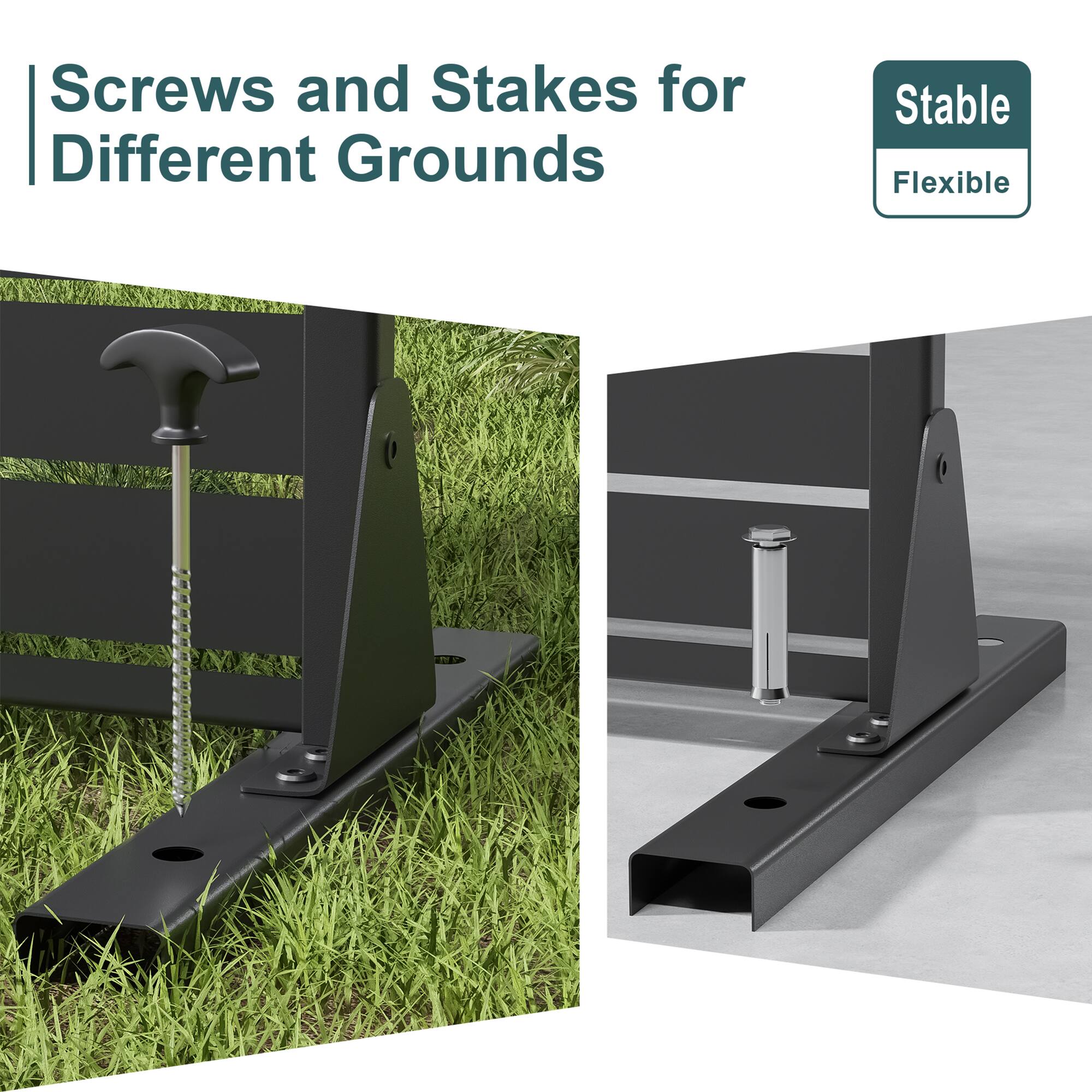 Screws and Stakes for Different Grounds

Stable Flexible