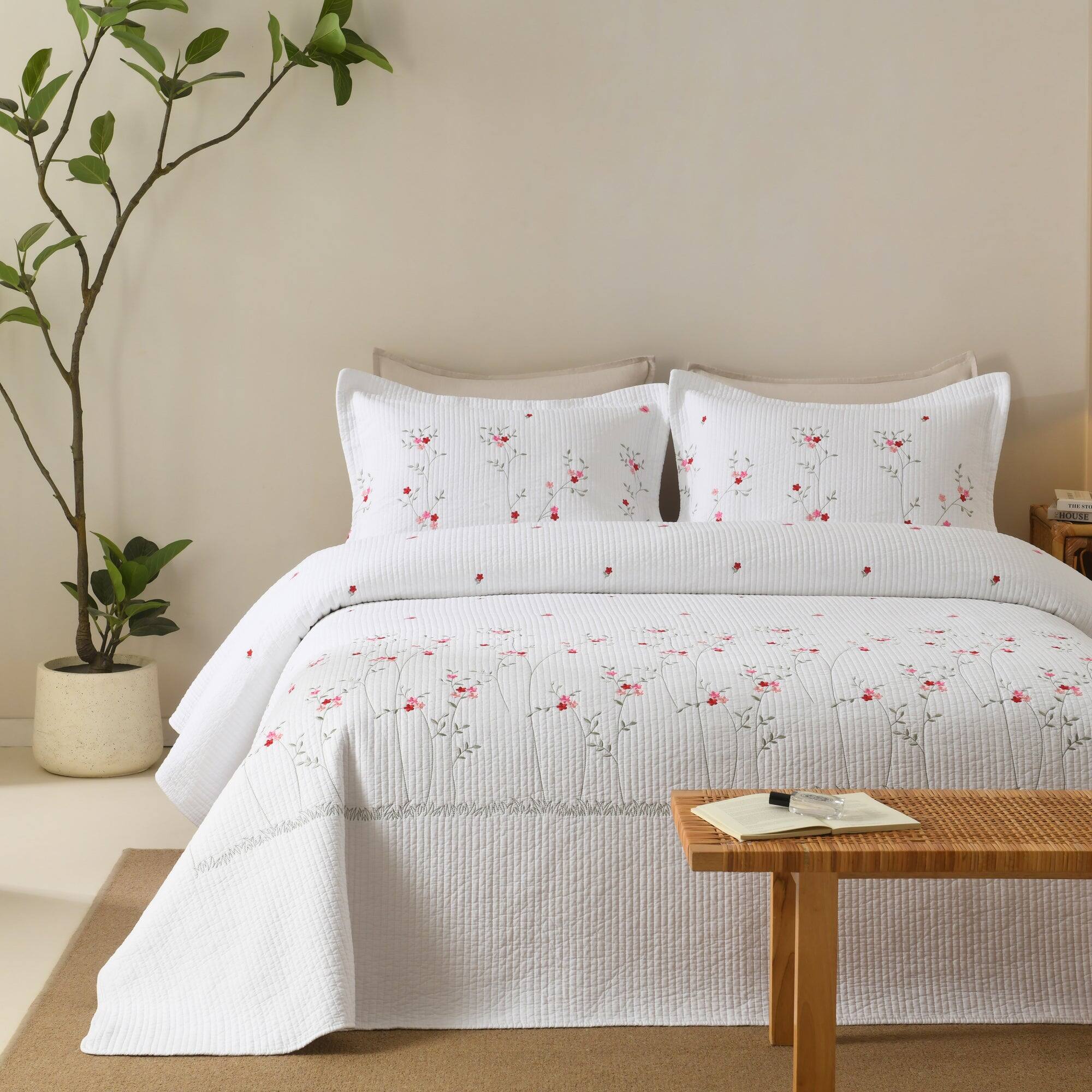 Back. MarCielo - MarCielo 3 Piece Cotton Cover Floral Embroidered Cottage Quilt Bedspread Set - White.