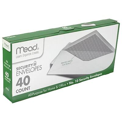 Learn. Organize. Create.

Mead

SECURITY ENVELOPES

40 COUNT

All-Purpose for Home & Office

No. 10 Security Envelopes

PRINTED LINED FOR PRIVACY