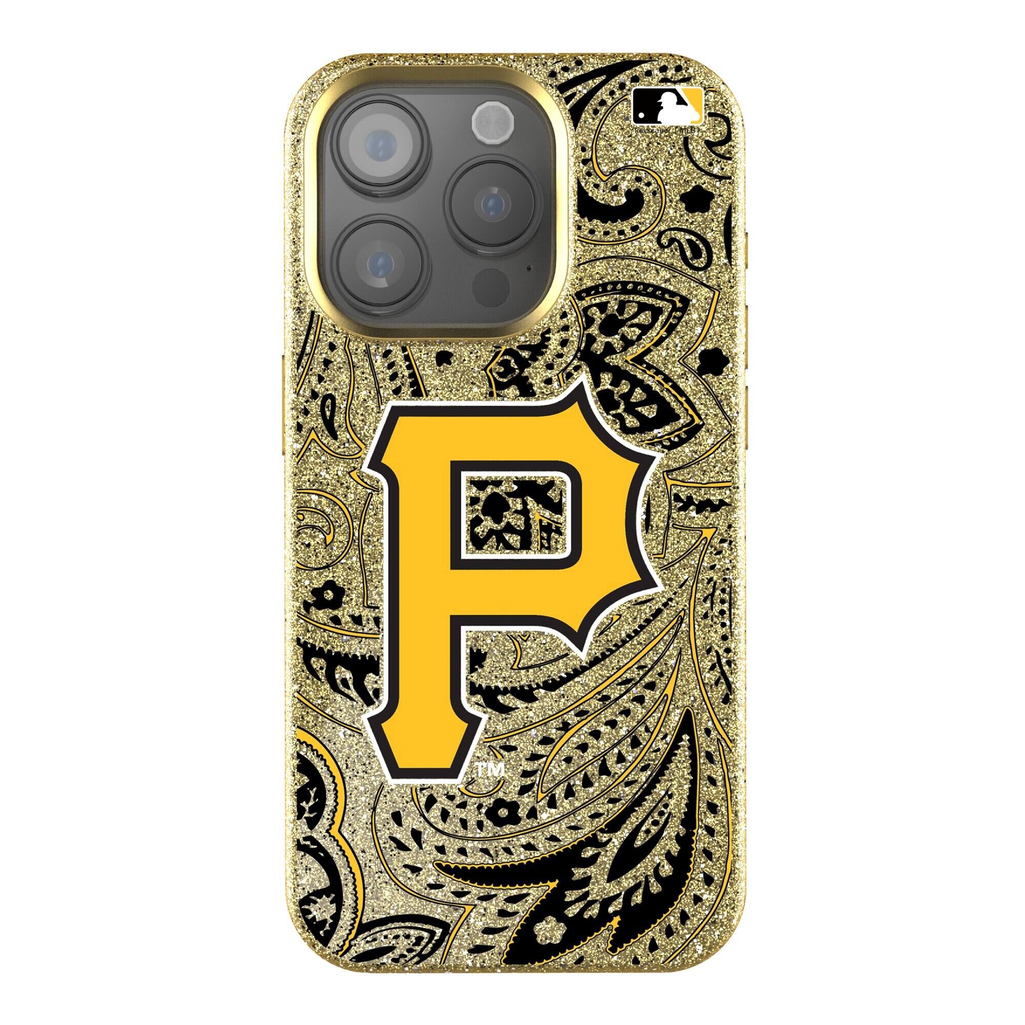 Front. Keyscaper - Pittsburgh Pirates Paisley Bling iPhone Case - 14 Plus - Gold.