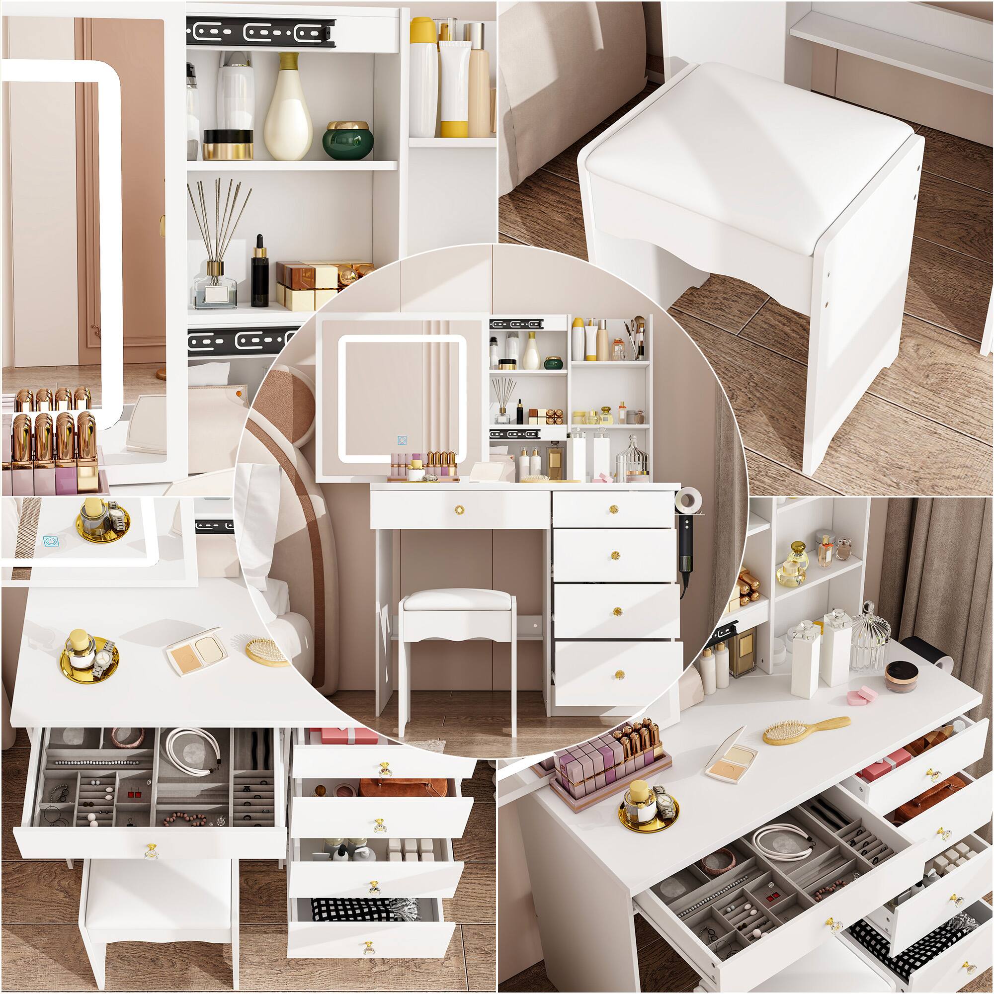 Alt View 4. Famapy - Sliding Mirror Vanity Desk with LED Light & Hidden Storage, Makeup Table with Side Shelf for Bedroom - White.