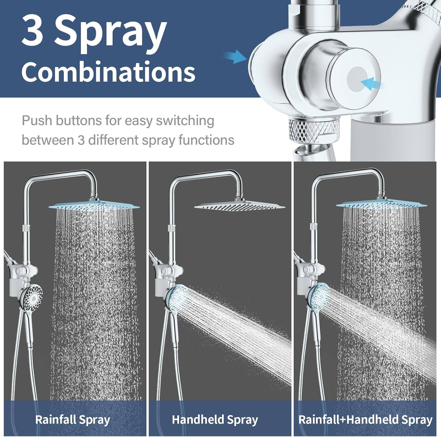 3 Spray Combinations

Push buttons for easy switching between 3 different spray functions

Rainfall Spray  
Handheld Spray  
Rainfall+Handheld Spray