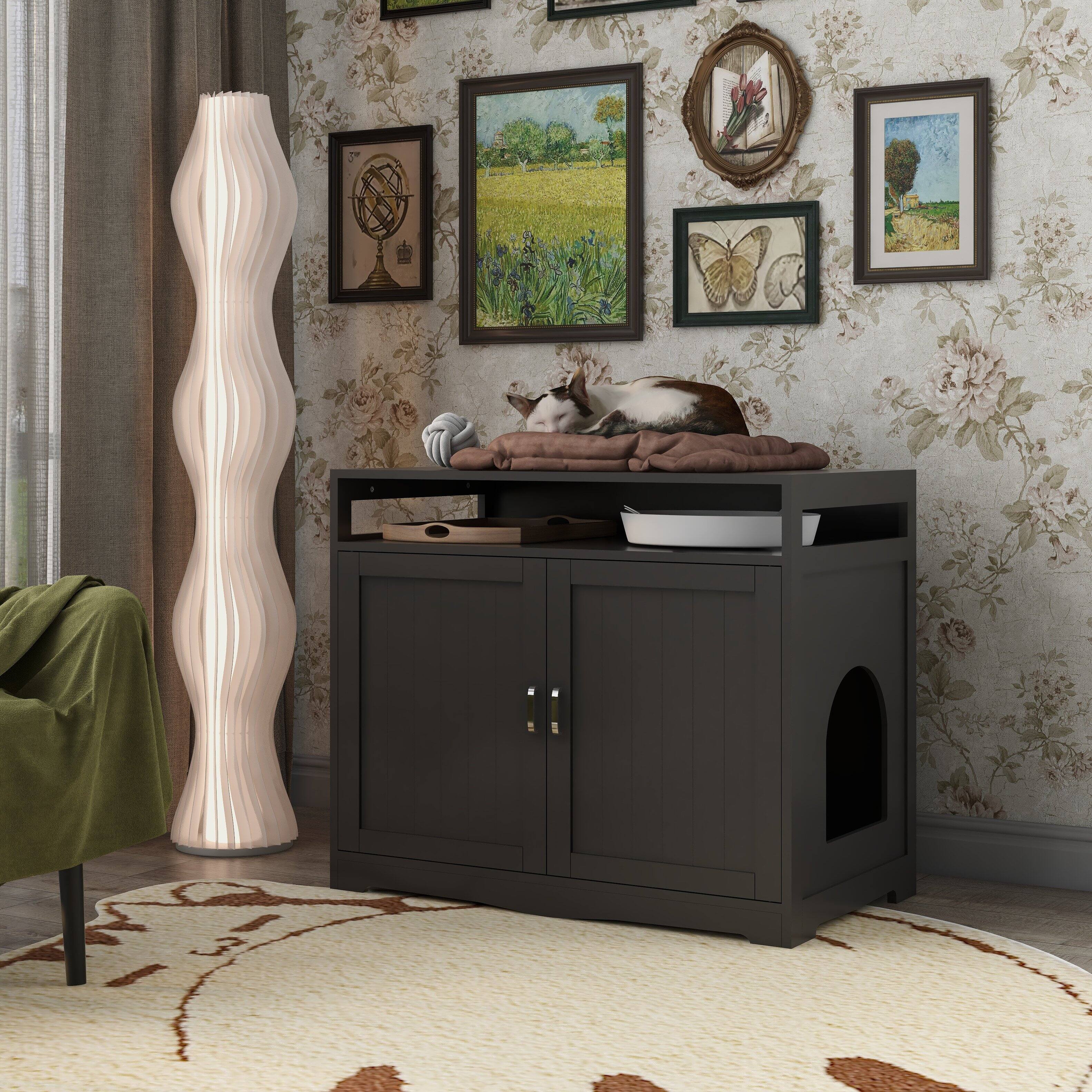 Left. Dexmalle - Dexmalle-2 Doors Litter Box Enclosure,Storage Bench Side Table Cat House with Hidden Plug-Esspresso - Esspresso.