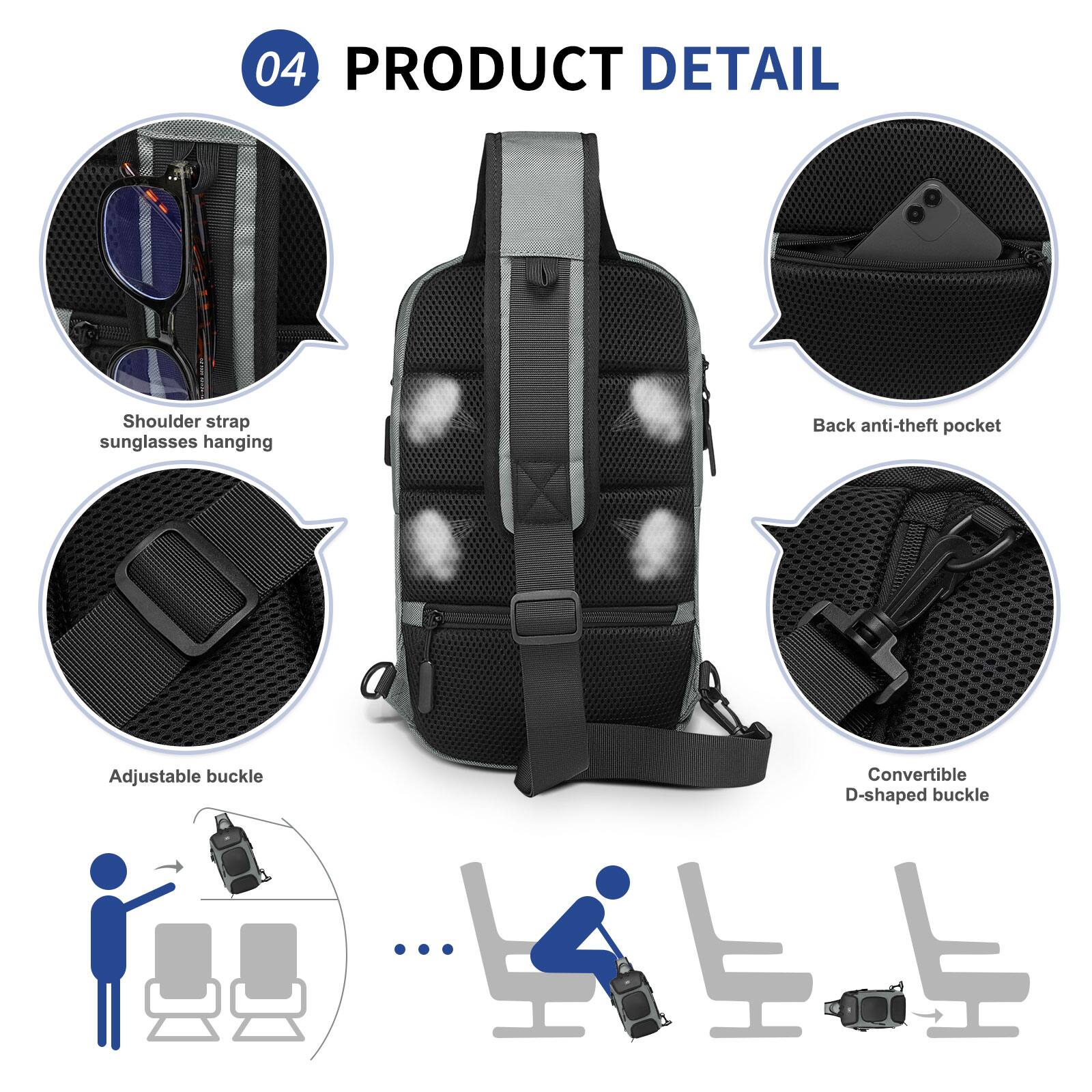 04 PRODUCT DETAIL

- Shoulder strap sunglasses hanging
- Adjustable buckle
- Back anti-theft pocket
- Convertible D-shaped buckle