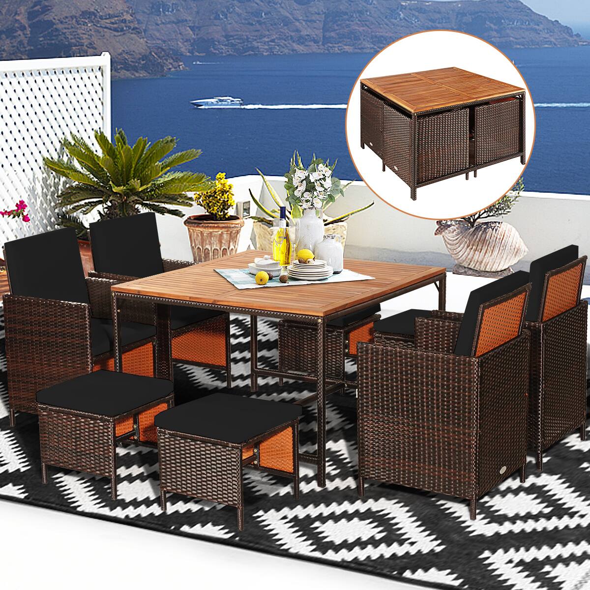 Alt View 5. Gymax - Gymax Set Of 9 Patio Rattan Dining Set Cushioned Chairs Ottoman Wood Table Top Black - Brown & Black.