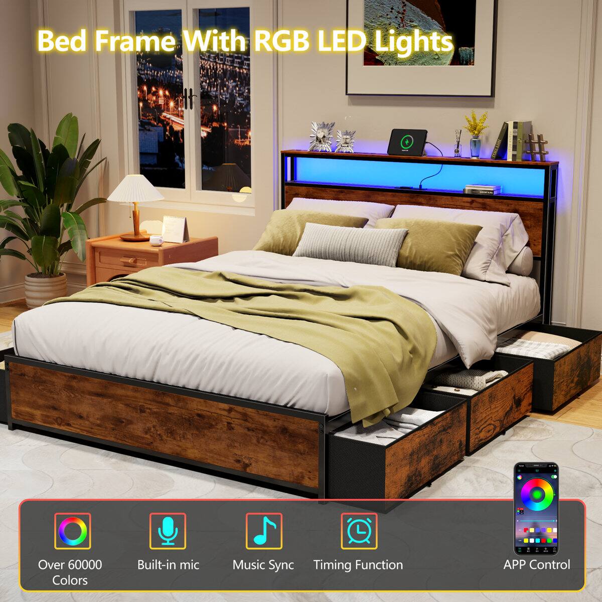 Bed Frame With RGB LED Lights

- Over 60000 Colors
- Built-in mic
- Music Sync
- Timing Function
- APP Control