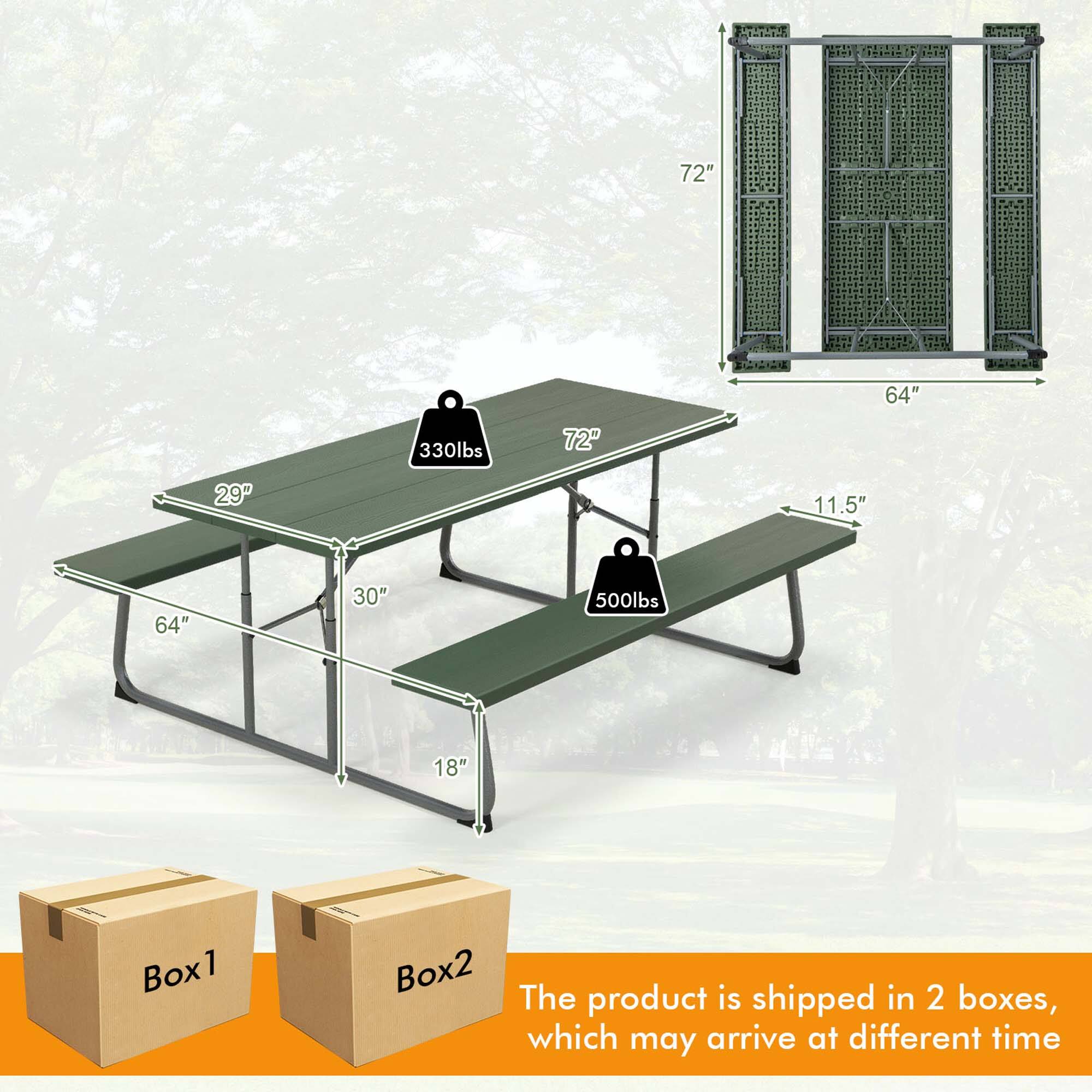 - Table dimensions: 72" x 64"
- Bench dimensions: 64" x 30"
- Table weight capacity: 330 lbs
- Bench weight capacity: 500 lbs
- Table height: 29"
- Bench height: 11.5"
- Overall height: 30"
- Leg height: 18"
- The product is shipped in 2 boxes, which may arrive at different times.
