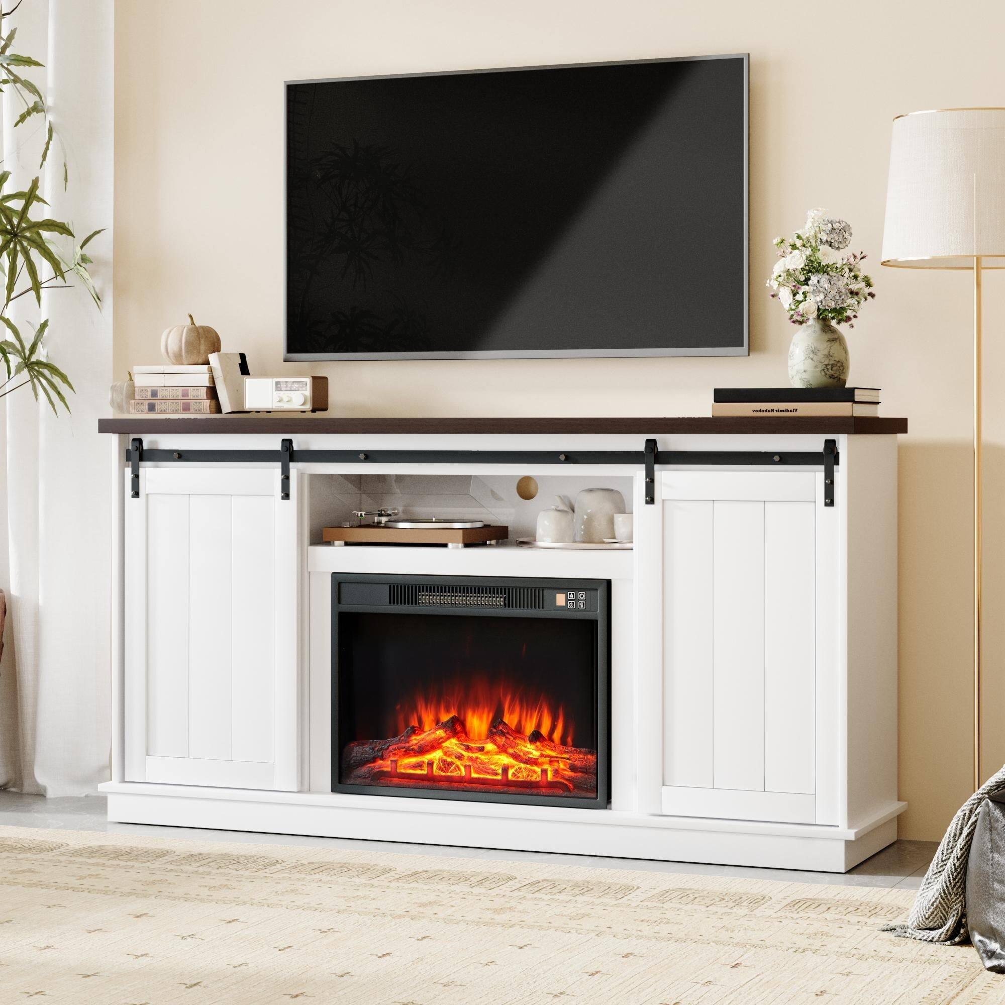 Alt View 2. U-HOMY - 63" Farmhouse Fireplace TV Stand with Sliding Barn Doors, Adjustable Shelves and Electric Heater for TVs up to 65" - White.
