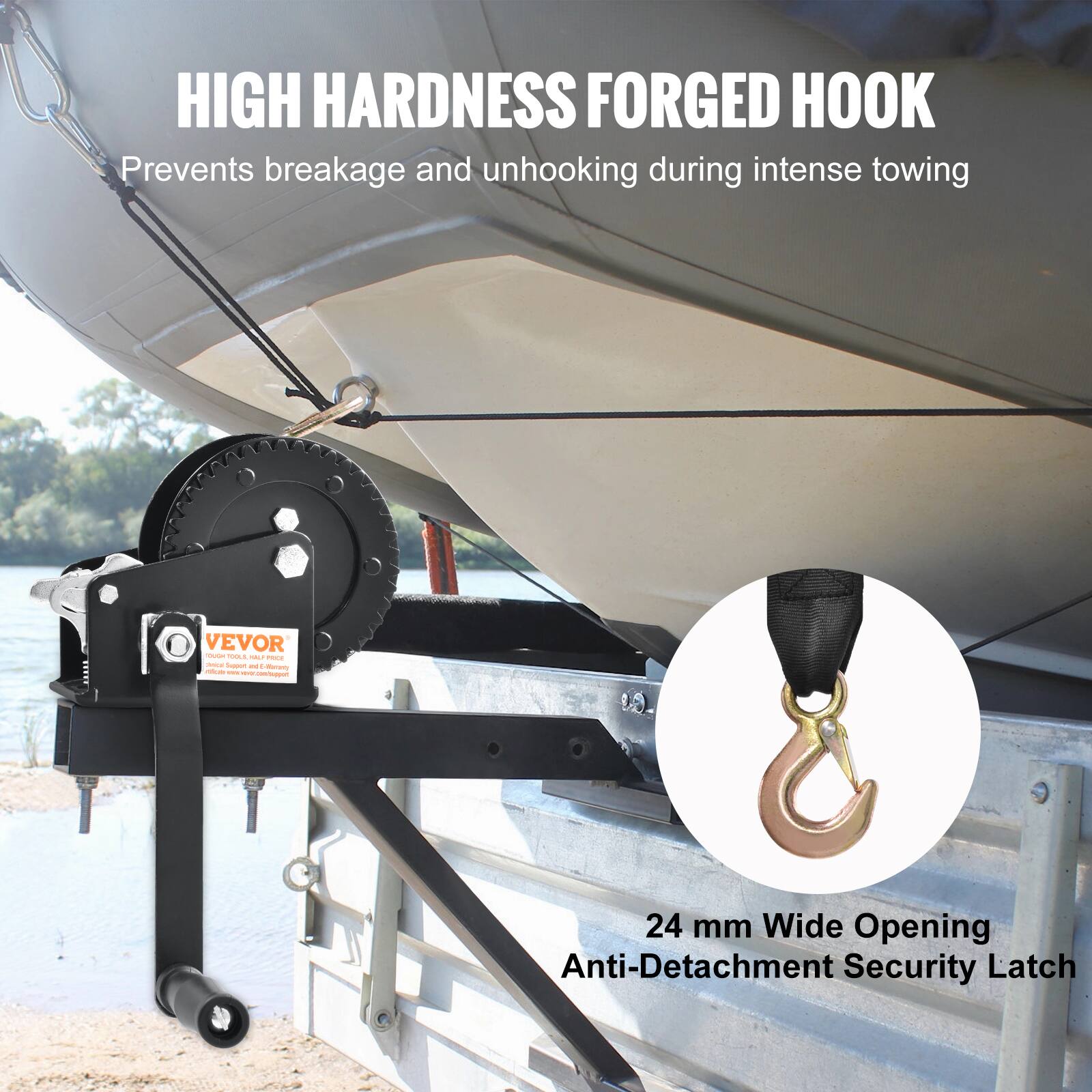 HIGH HARDNESS FORGED HOOK  
Prevents breakage and unhooking during intense towing  

24 mm Wide Opening  
Anti-Detachment Security Latch
