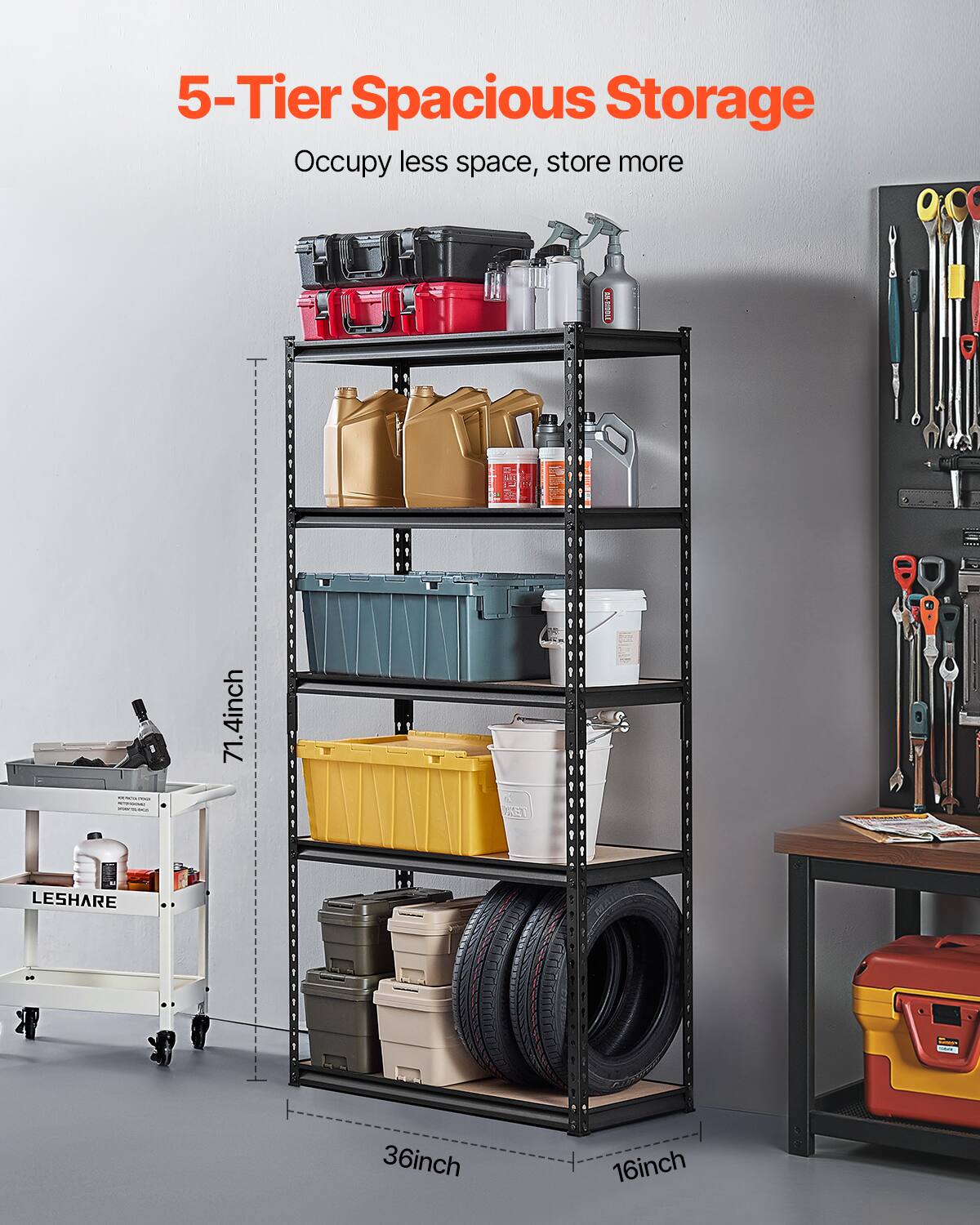 5-Tier Spacious Storage, Occupy less space, store more, 71.4inch, 36inch, 16inch