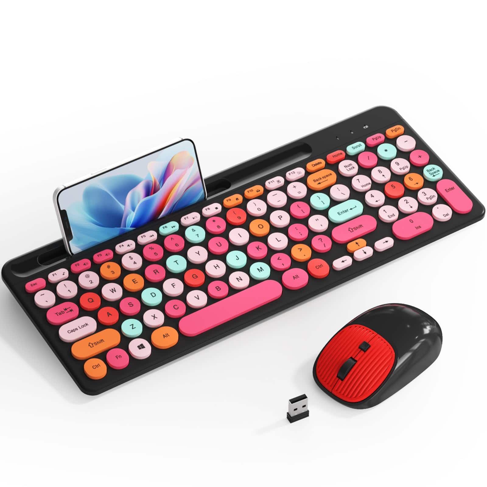 PARKER SLATER - Retro Typewriter Wireless With Round Keycaps 2.4ghz Compact Usb Cute And Mouse Combo For Desktop Laptop Computer - Black-Colorful