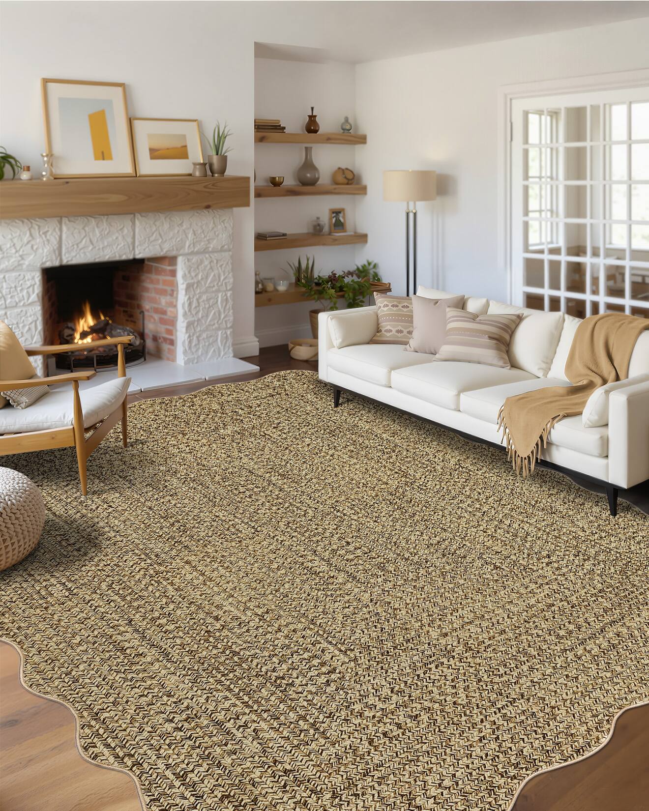 Angle. Jojoka - Braided Print Area Rug with Scalloped Edge Washable Non Slip NonShedding Low Pile Floor Carpet for Living Room Bedroom - Beige Yellow.