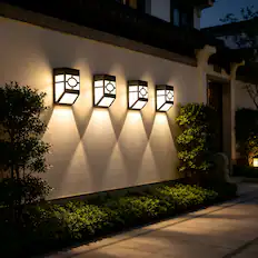 Front. Oumilen - 8 Pack Vintage Solar Wall Mount Lights – Cool White 2-LED Outdoor Solar Fence Lamp for Patio Deck.