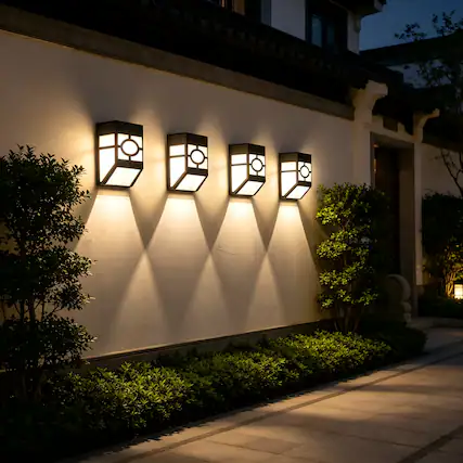 Front. Oumilen - 8 Pack Vintage Solar Wall Mount Lights – Cool White 2-LED Outdoor Solar Fence Lamp for Patio Deck.