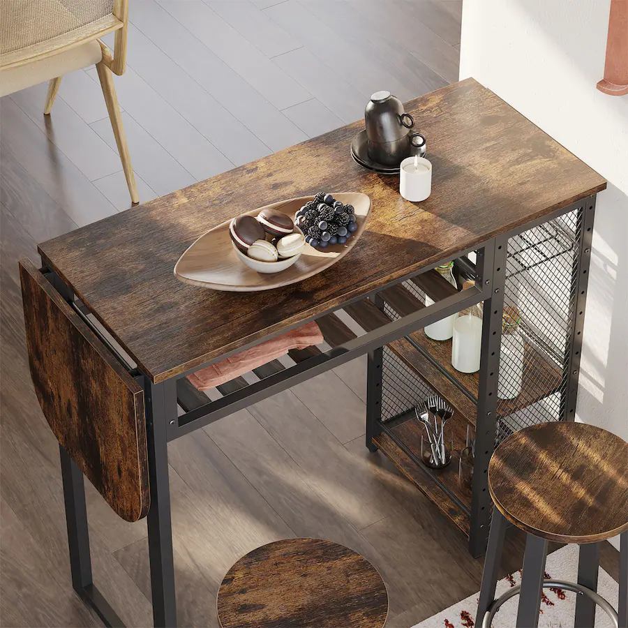 Bar Table Base Only Bestier Home Bar Set with 2 Stools Drop Leaf Table 5 Tiers Storage Wine ...