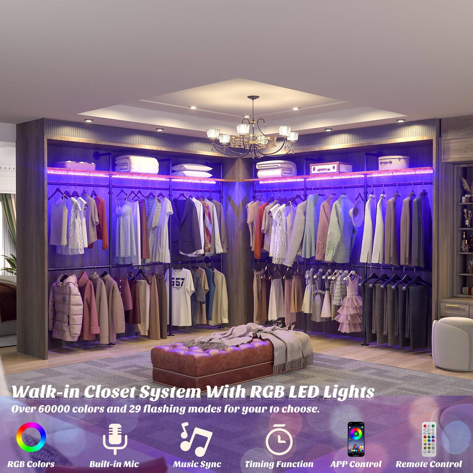 657 Walk-in Closet System With RGB LED Lights Over 60000 colors and 29 flashing modes for your to choose. RGB Colors Built-in Mic Music Sync Timing Function APP Control Remote Control
