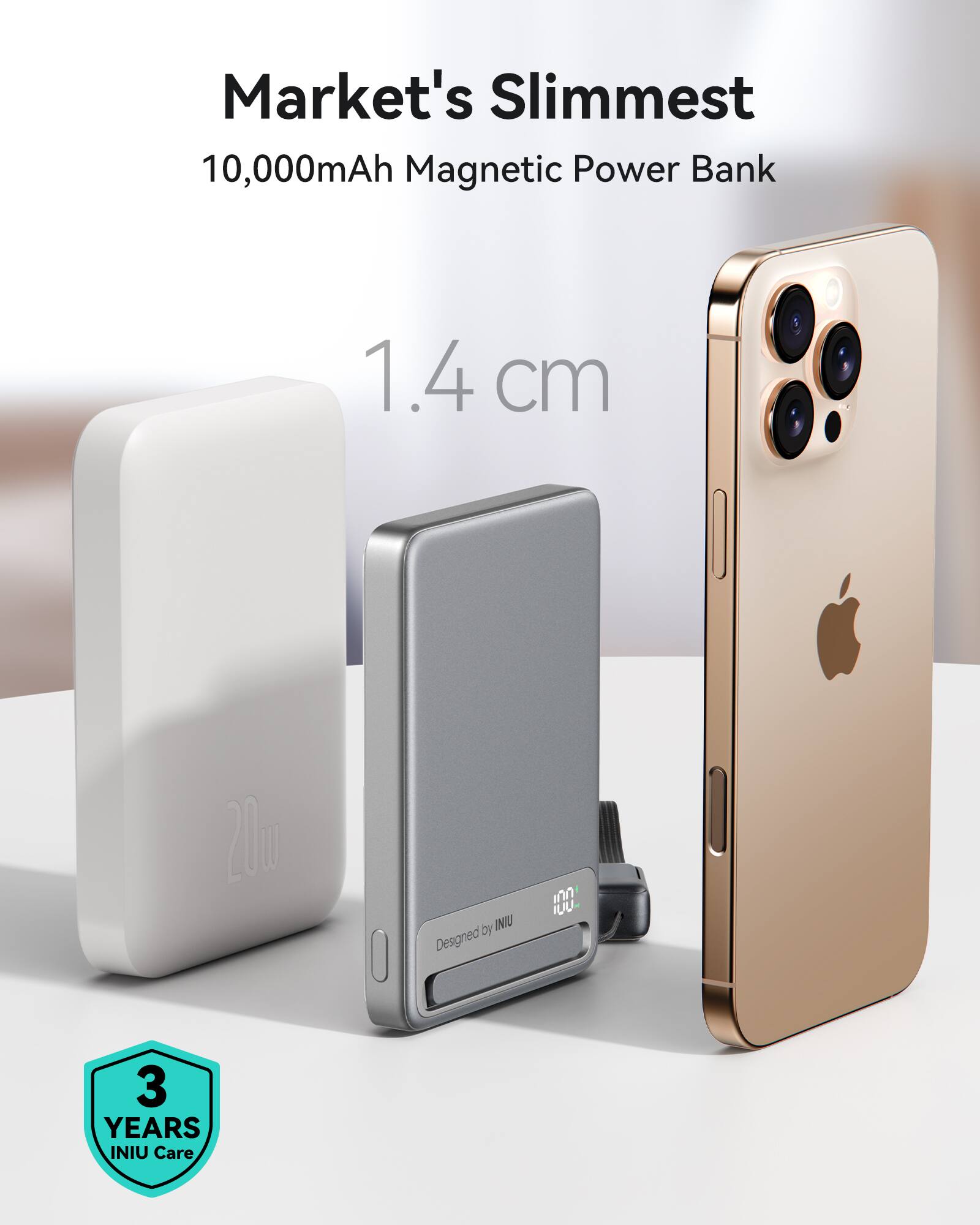 Market's Slimmest 10,000mAh Magnetic Power Bank 1.4 cm 2hm by INU Designed for 3 Years INIU Care