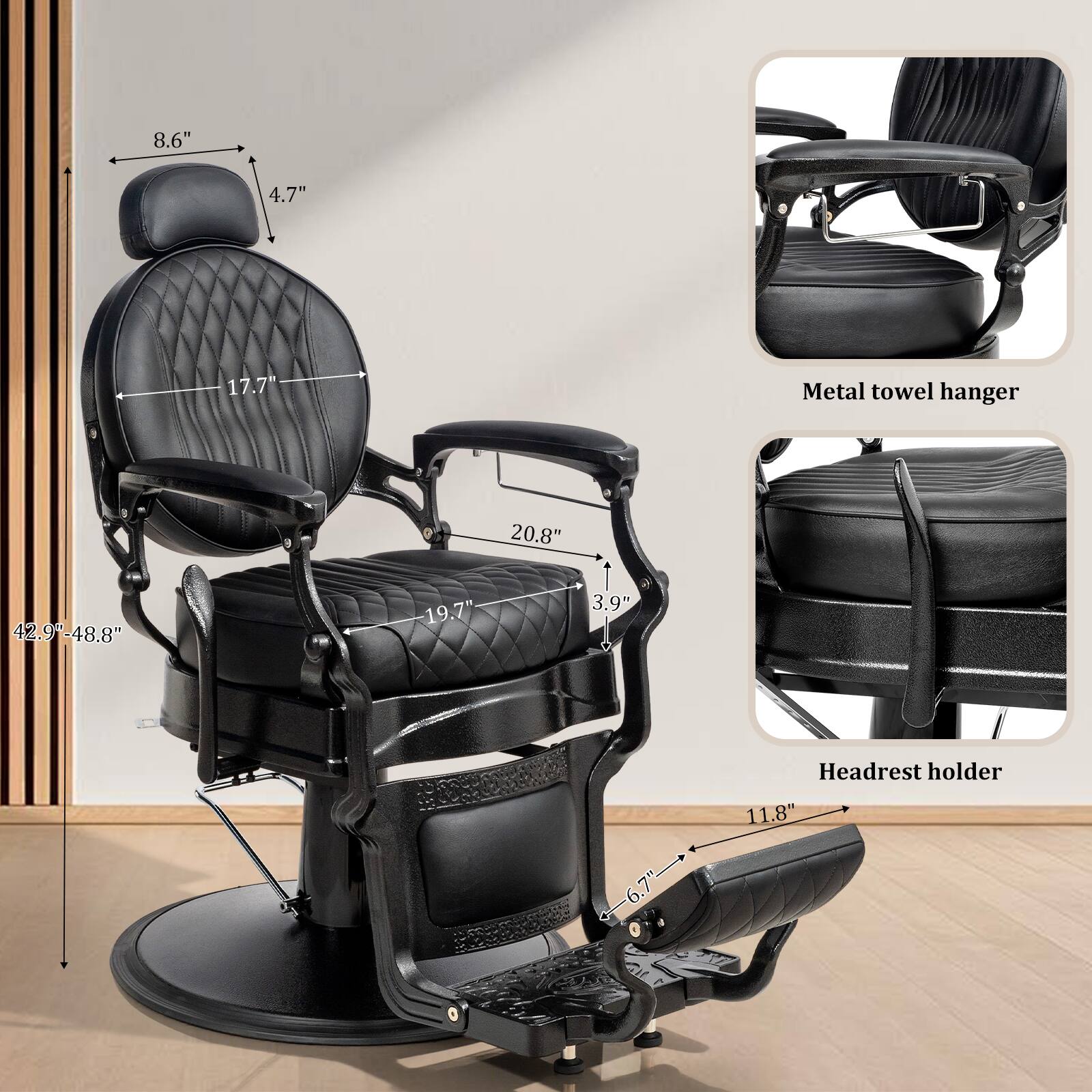 8.6" 4.7" 17.7" Metal towel hanger 20.8" 42.9"-48.8" 19.7" 3.9" Headrest holder 11.8" 6.7"