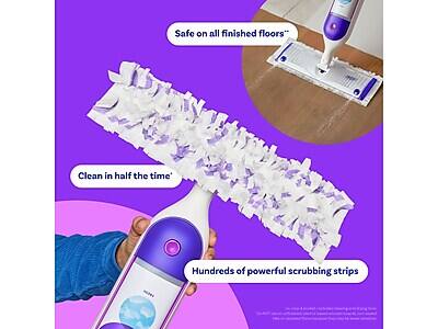 - Safe on all finished floors*
- Clean in half the time
- Hundreds of powerful scrubbing strips