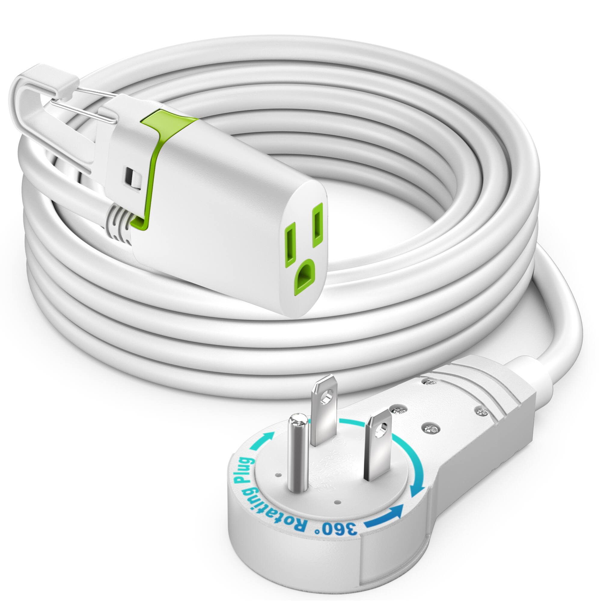 Maximm - 360° Rotating Flat Plug Extension Cord 15 ft, with Removable Hook, 16AWG Indoor Use, UL Certified - White