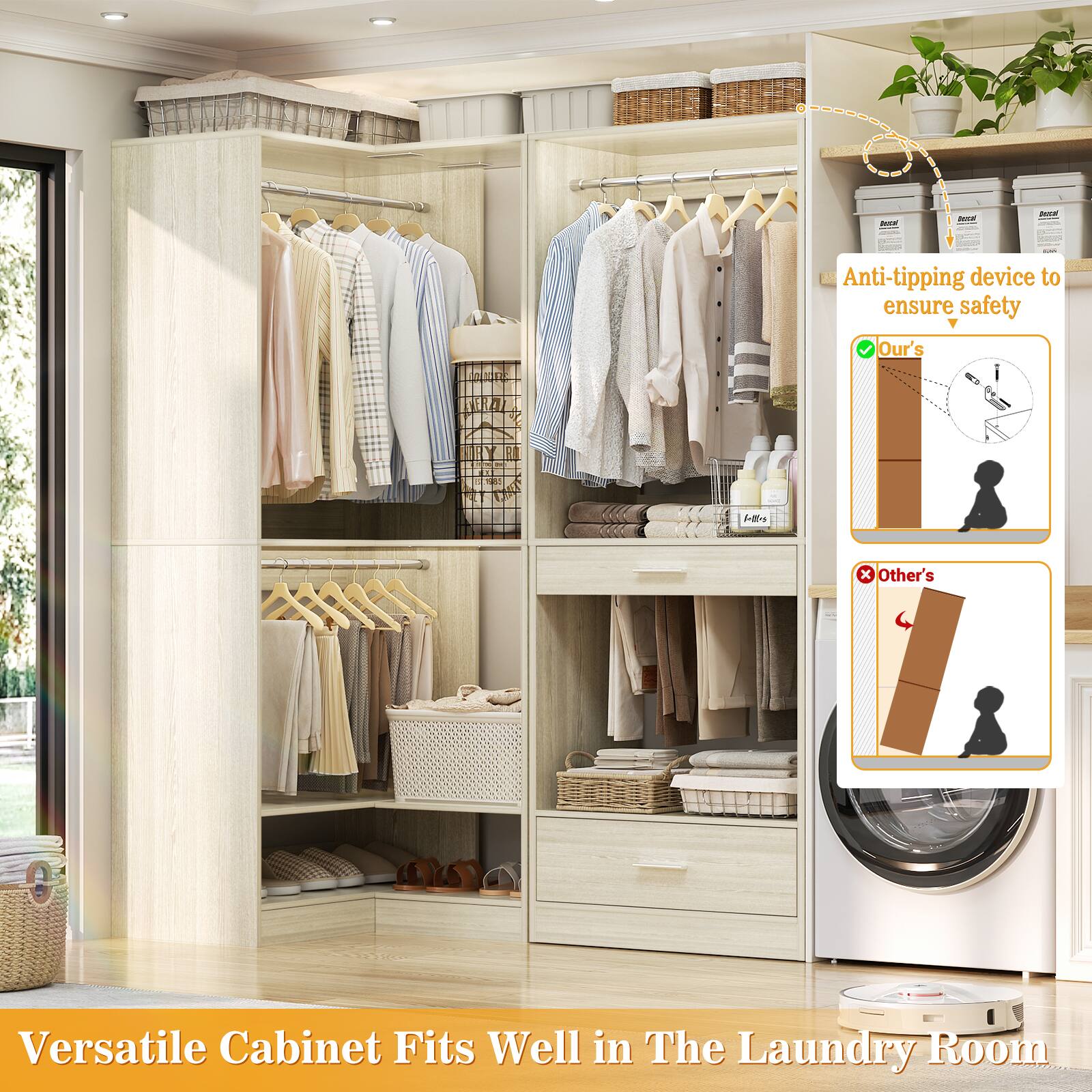 Anti-tipping device to ensure safety  
Our's  
Other's  

Versatile Cabinet Fits Well in The Laundry Room