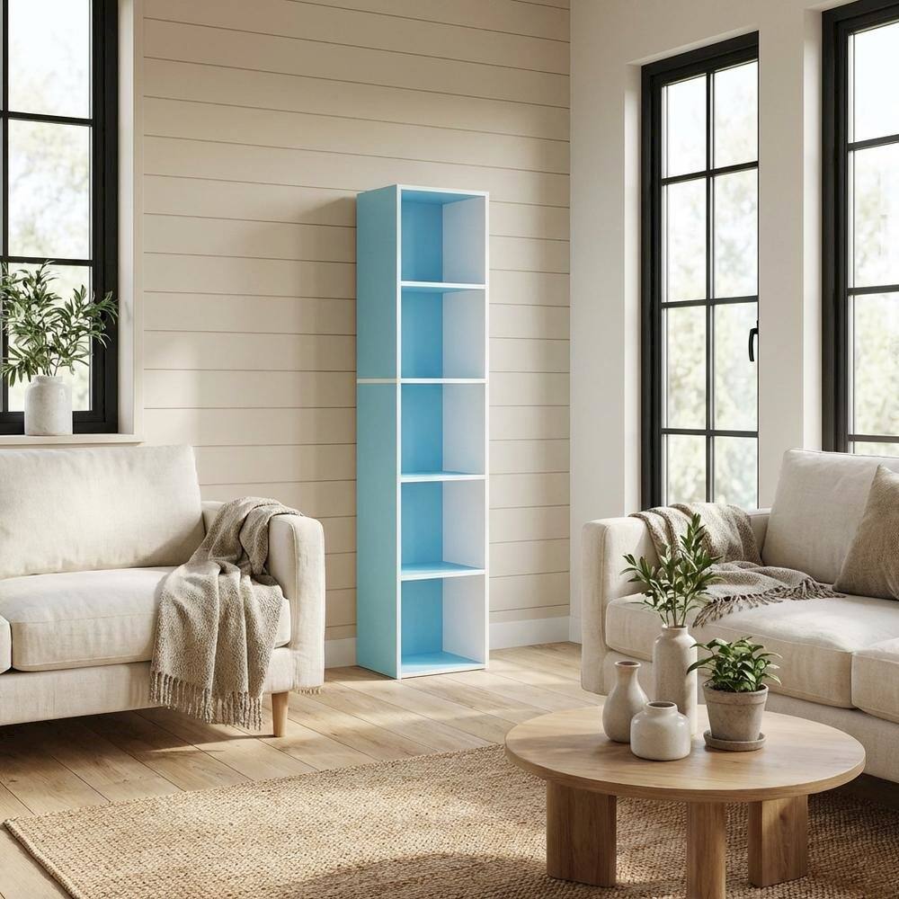 Left. FurniFact - Light Blue Wood 5-Tier Open Bookcase with Spacious Shelves for Storage - Light Blue/White.