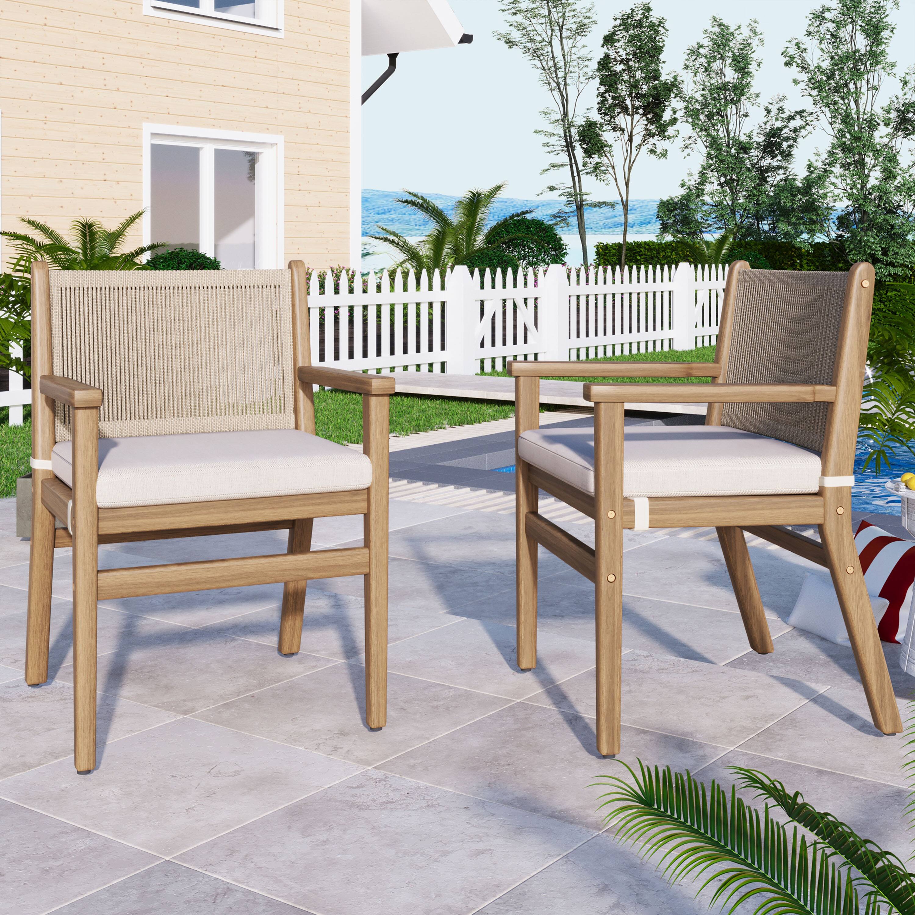 Mondawe - Set of 2 Acacia Wood Patio Armchair with Rope Design Back and Water Repellent Cushion - Light Brown