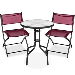 Best Choice Products - 3-Piece Patio Bistro Dining Furniture Set w/ Glass Tabletop, Folding Chairs - Burgundy