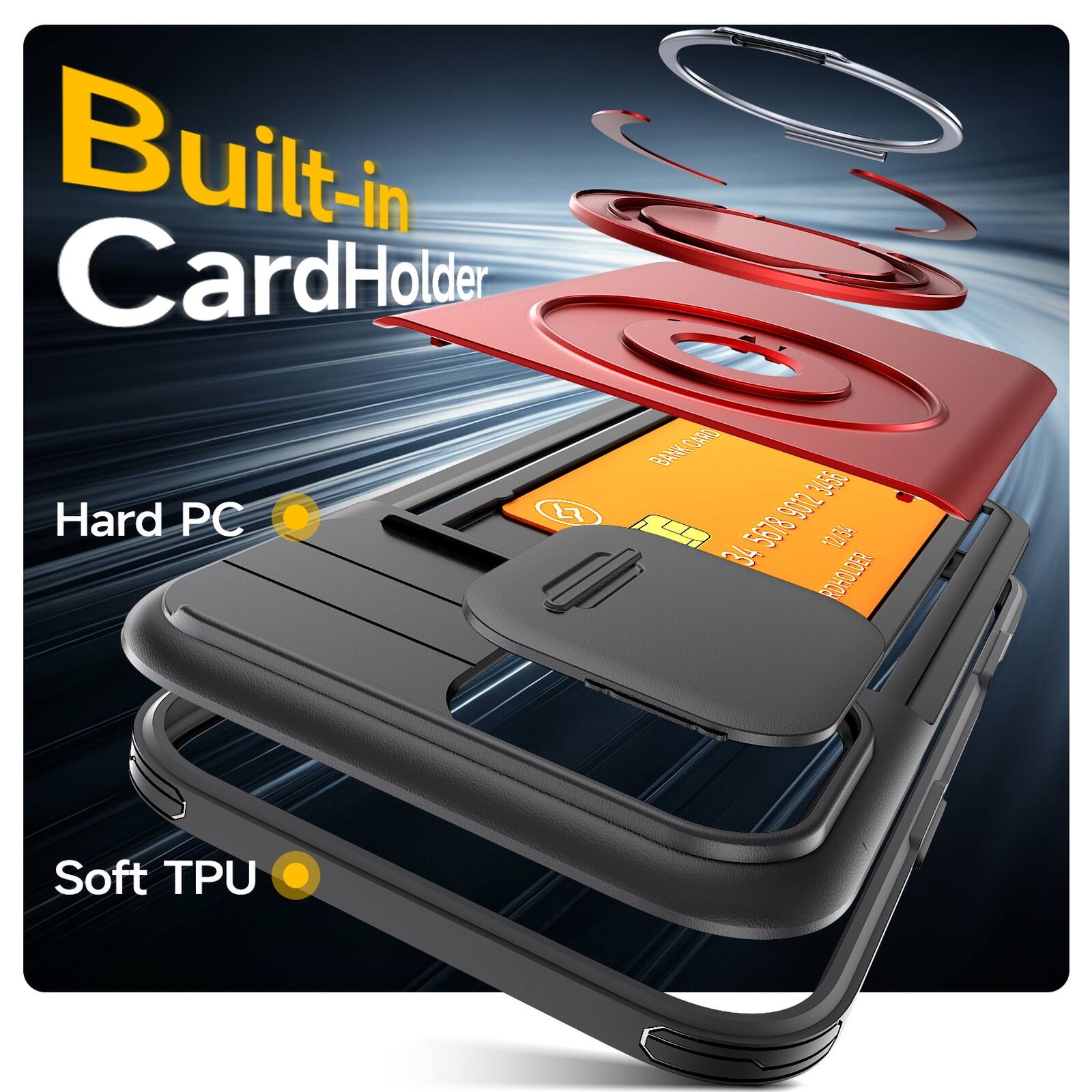 Built-in CardHolder  
BANK CARD  
9012 3455  
Hard PC  
F 34 5678 7  
ROHOLDER  
Soft TPU
