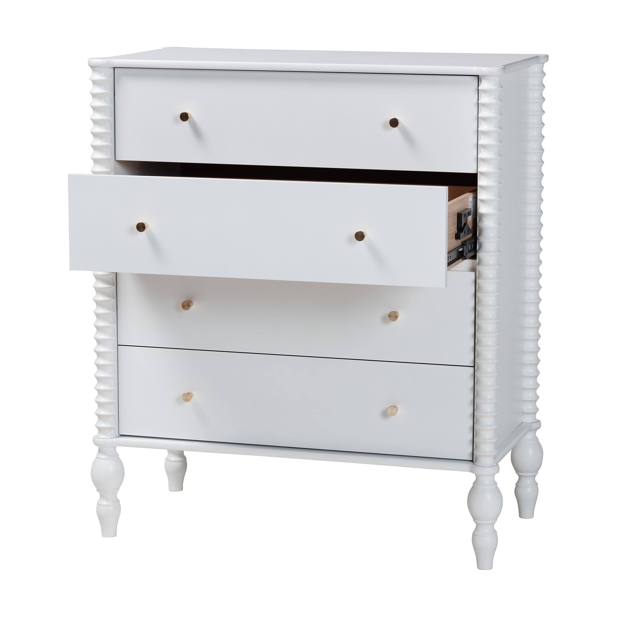 Left. Baxton Studio - Callison Spindle Chest - 4-Drawer Farmhouse Vertical Cabinet with Turned Accents for Bedroom, - White.