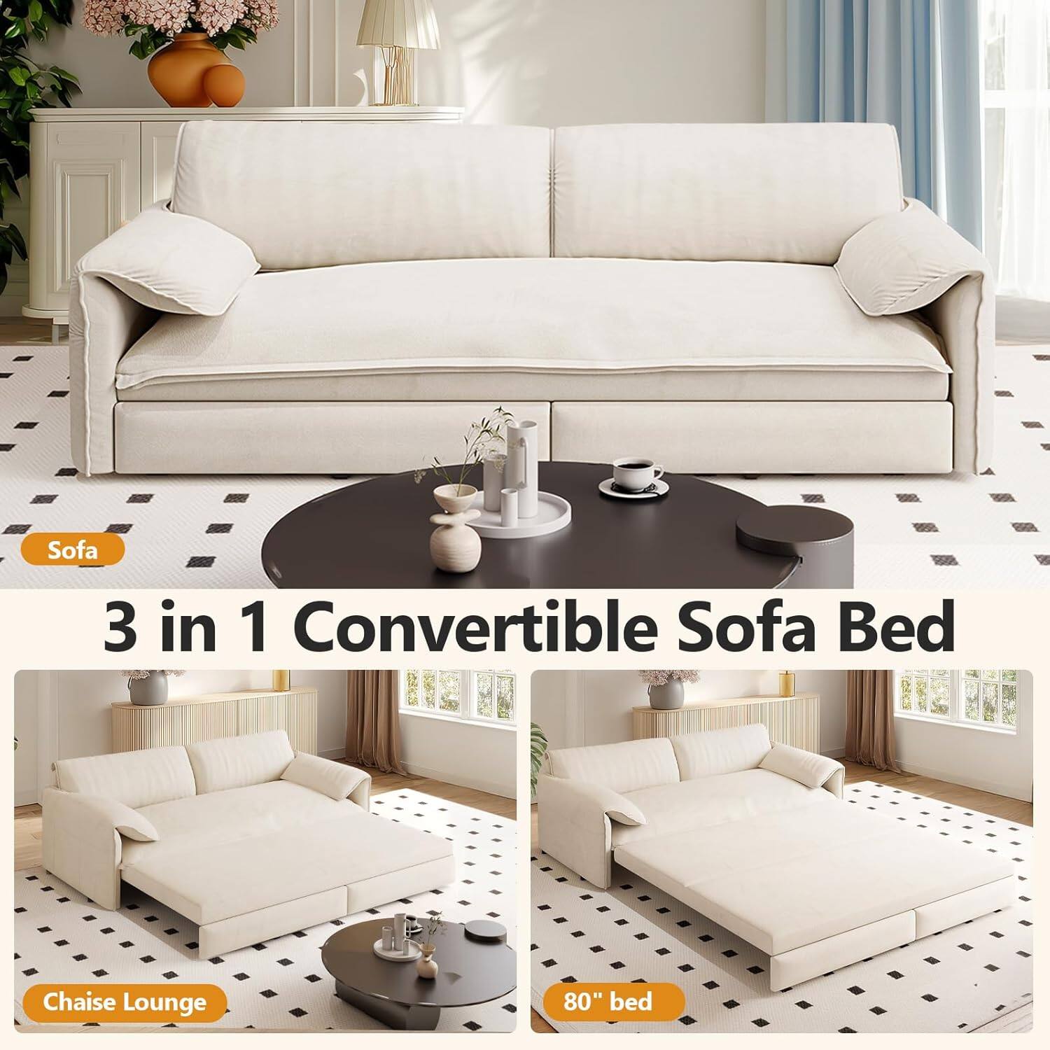 Sofa 3 in 1 Convertible Sofa Bed Chaise Lounge 80" bed