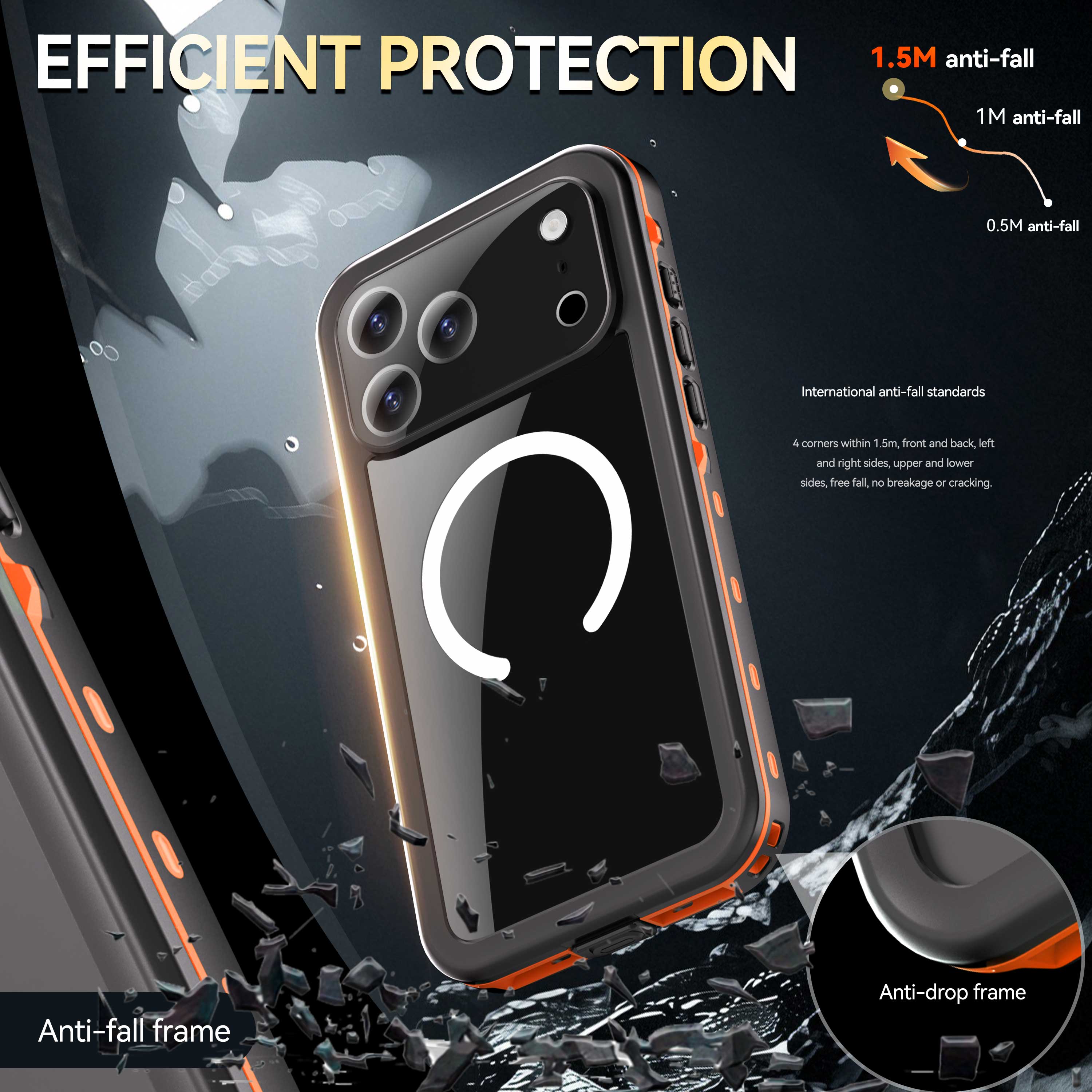 EFFICIENT PROTECTION

1.5M anti-fall  
1M anti-fall  
0.5M anti-fall  

International anti-fall standards  

4 corners within 1.5m, front and back, left and right sides, upper and lower sides, free fall, no breakage or cracking  

Anti-fall frame  
Anti-drop frame