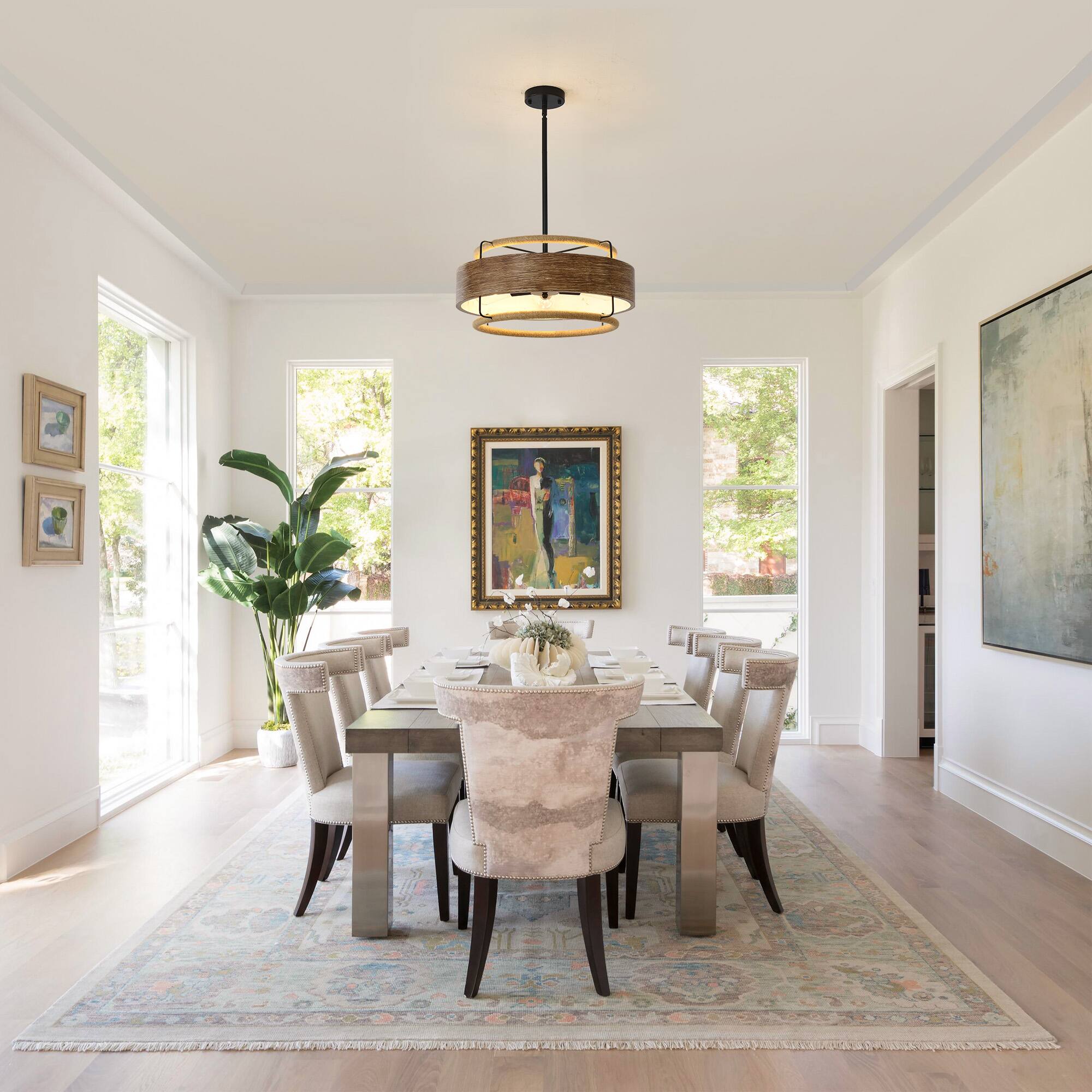Left. RYHNUYNE - 5 Light Modern Industrial Chandelier, 19.68" Wood-Coloured Metal Pendant Light, Adjustable Height Ceiling Light.